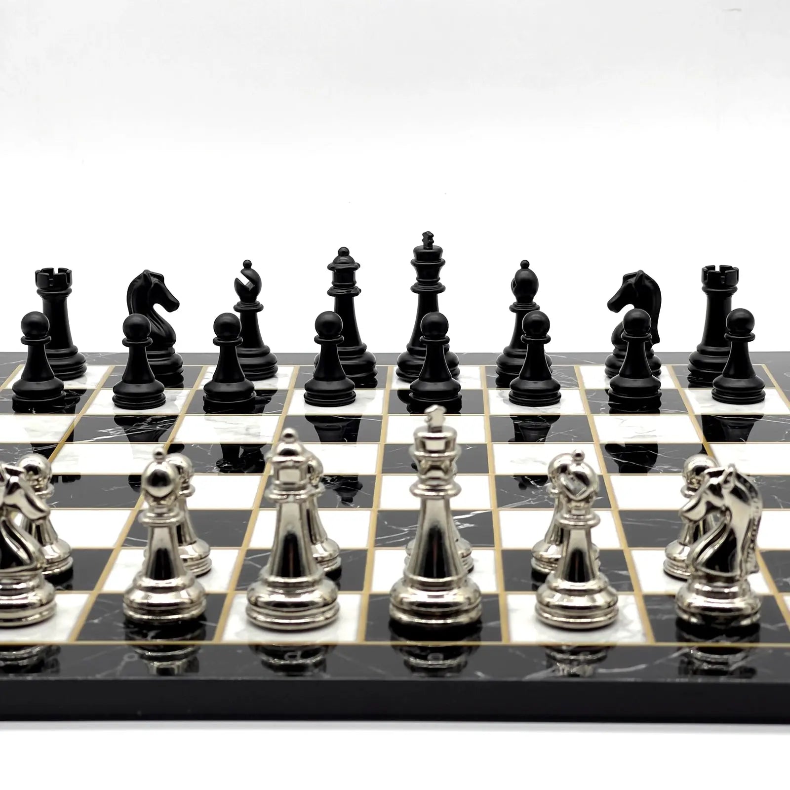14" Black Marble Pattern Chess Set With Matte Metal Chess Pieces