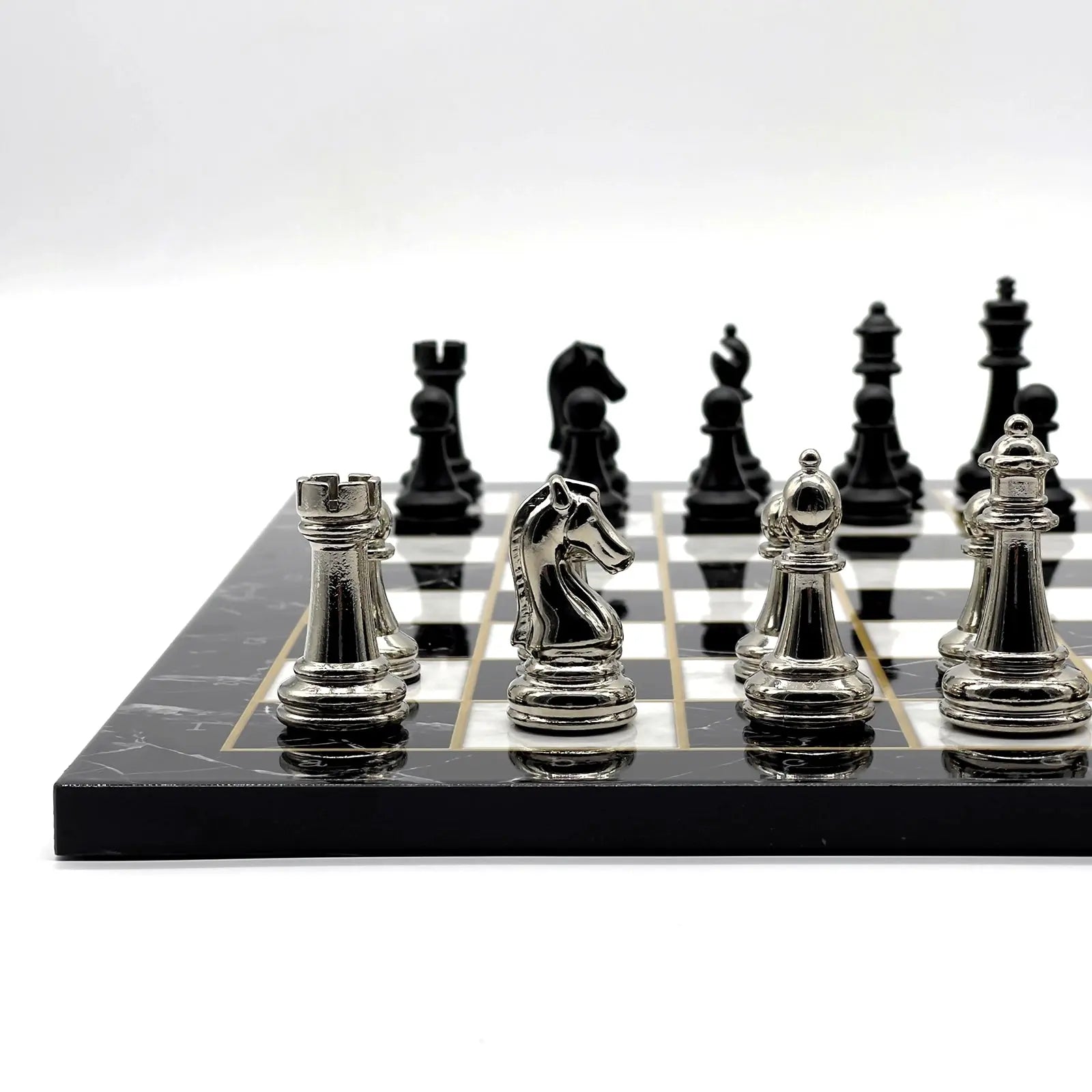 14" Black Marble Pattern Chess Set With Matte Metal Chess Pieces