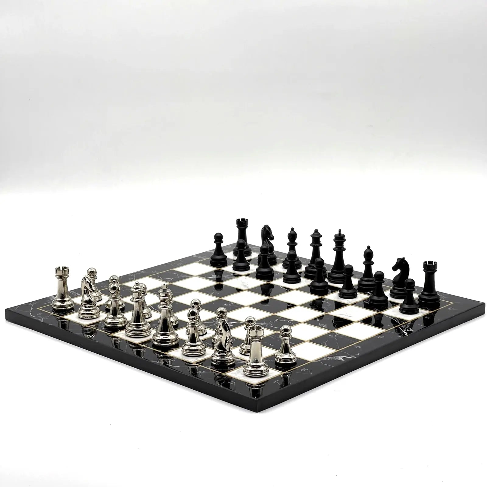 14" Black Marble Pattern Chess Set With Matte Metal Chess Pieces