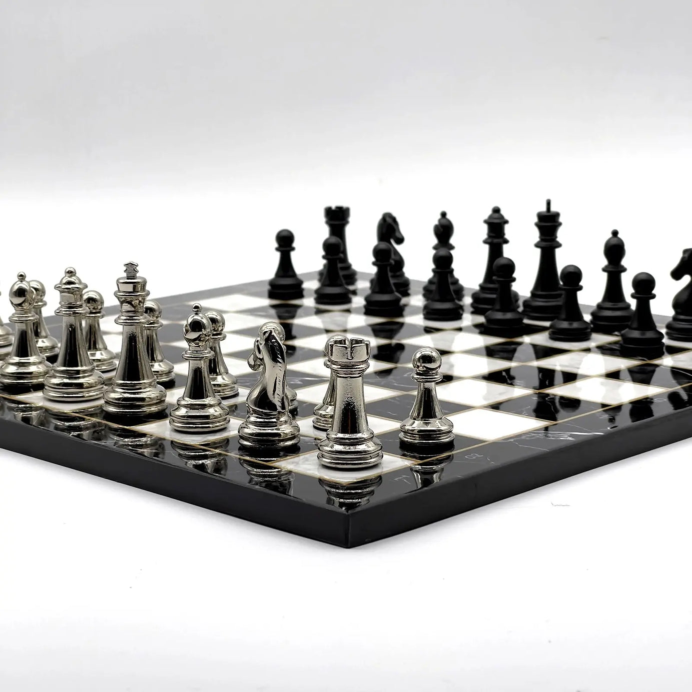 14" Black Marble Pattern Chess Set With Matte Metal Chess Pieces