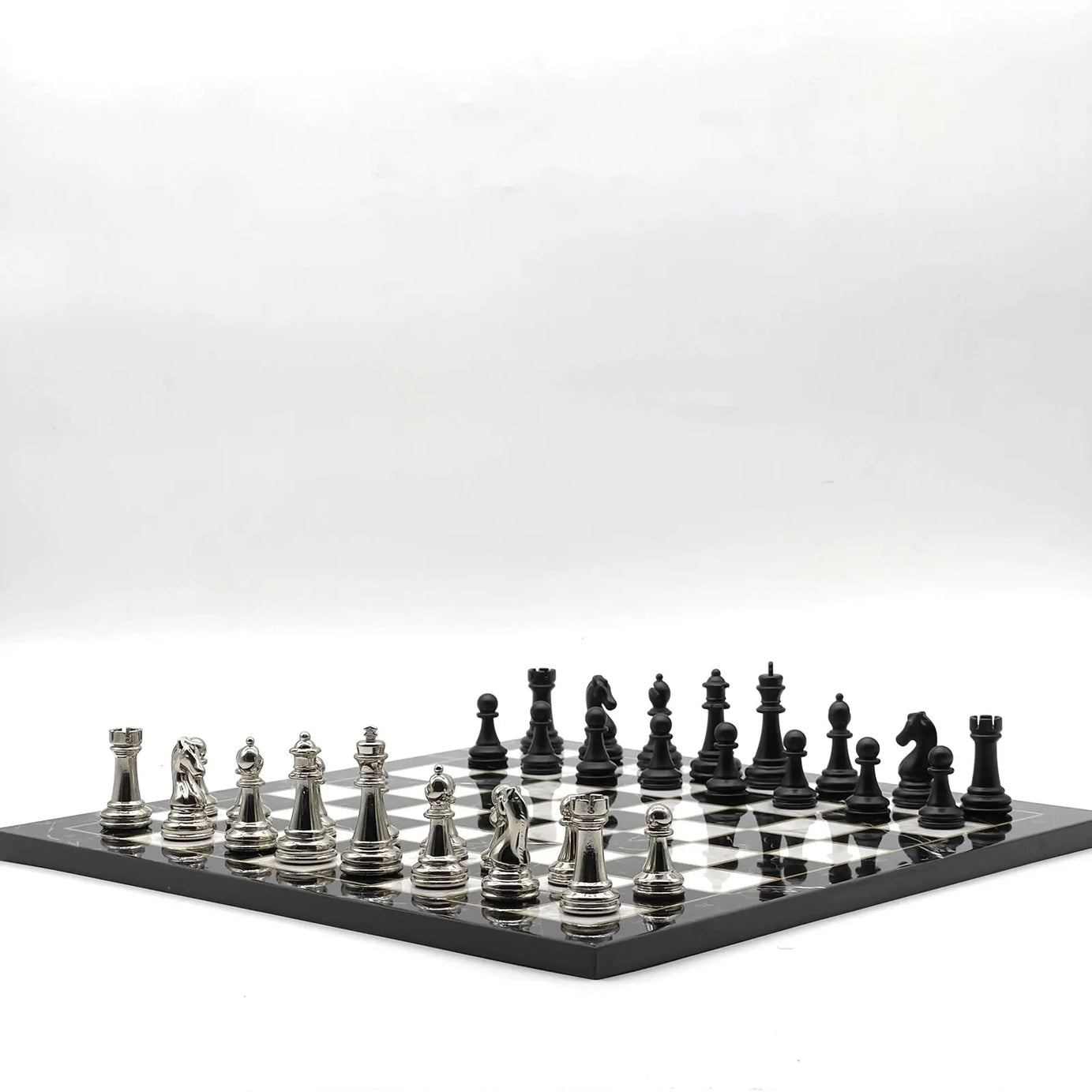 14" Black Marble Pattern Chess Set With Matte Metal Chess Pieces