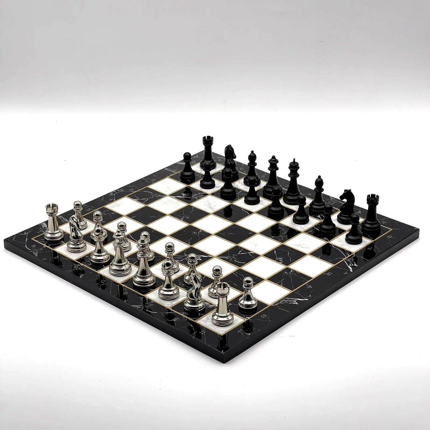 14" Black Marble Pattern Chess Set With Matte Metal Chess Pieces
