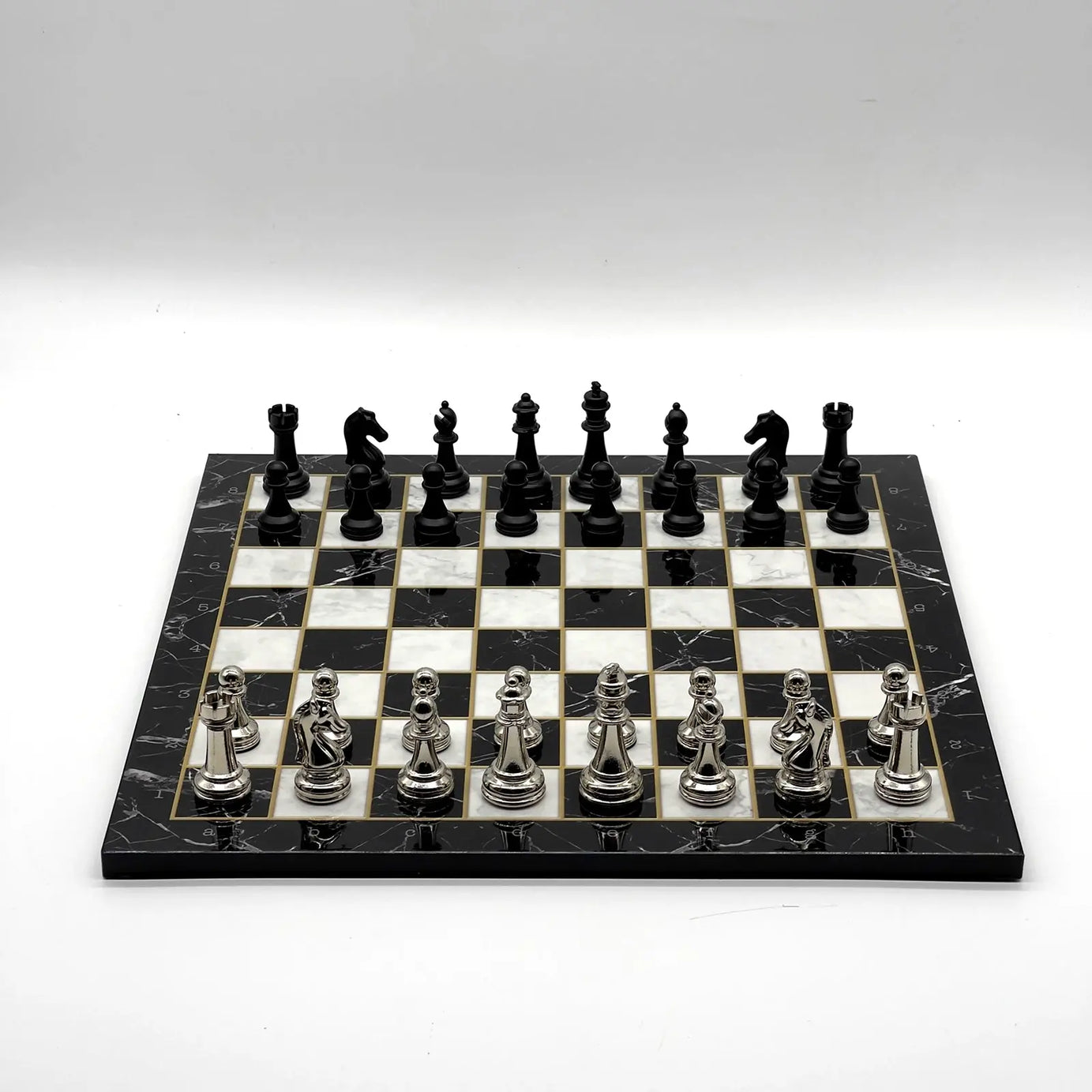 14" Black Marble Pattern Chess Set With Matte Metal Chess Pieces