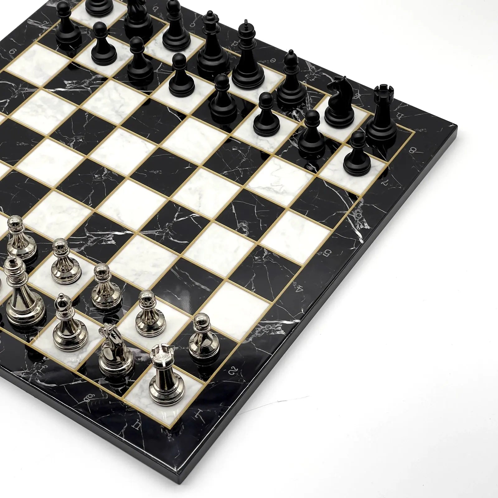 14" Black Marble Pattern Chess Set With Matte Metal Chess Pieces