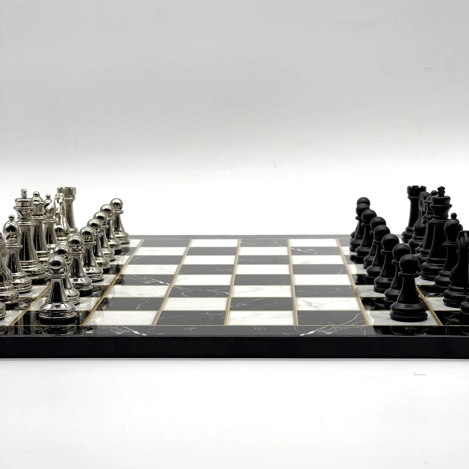 14" Black Marble Pattern Chess Set With Matte Metal Chess Pieces