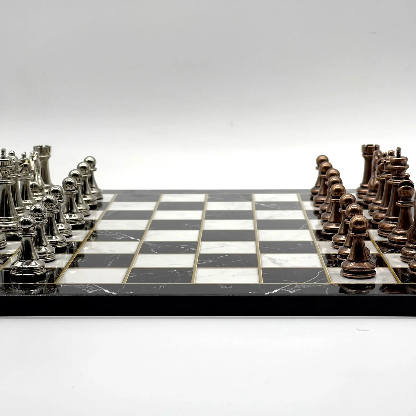 14" Black Marble Patterned Chess Set With Classic Metal Chess Pieces