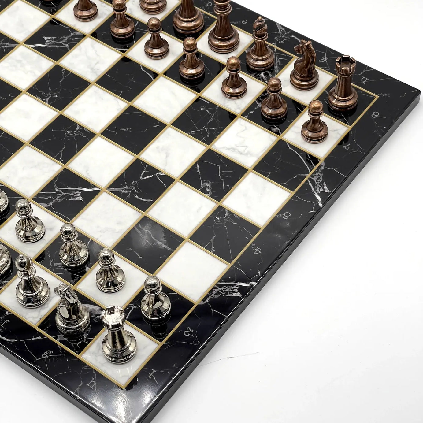 14" Black Marble Patterned Chess Set With Classic Metal Chess Pieces