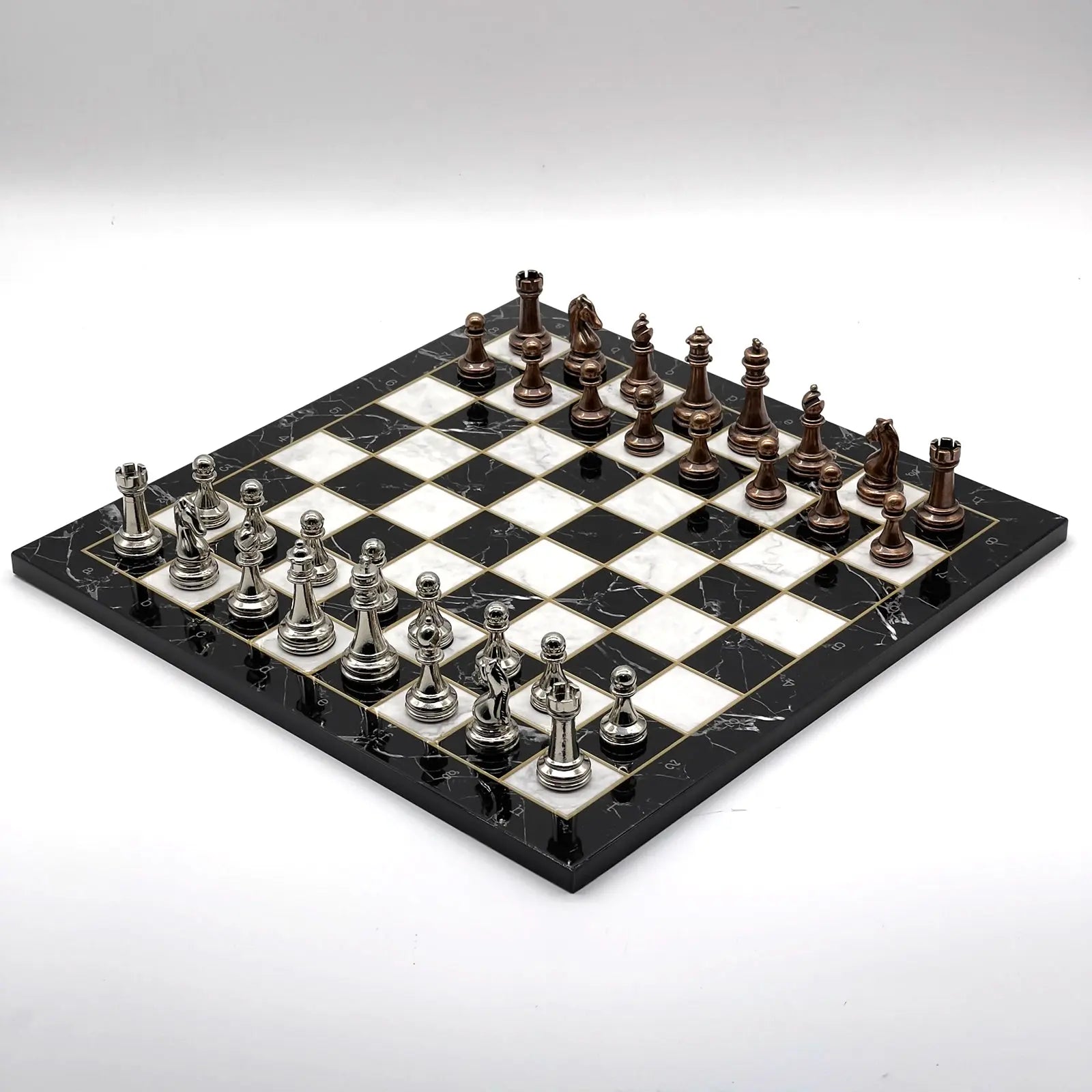 14" Black Marble Patterned Chess Set With Classic Metal Chess Pieces