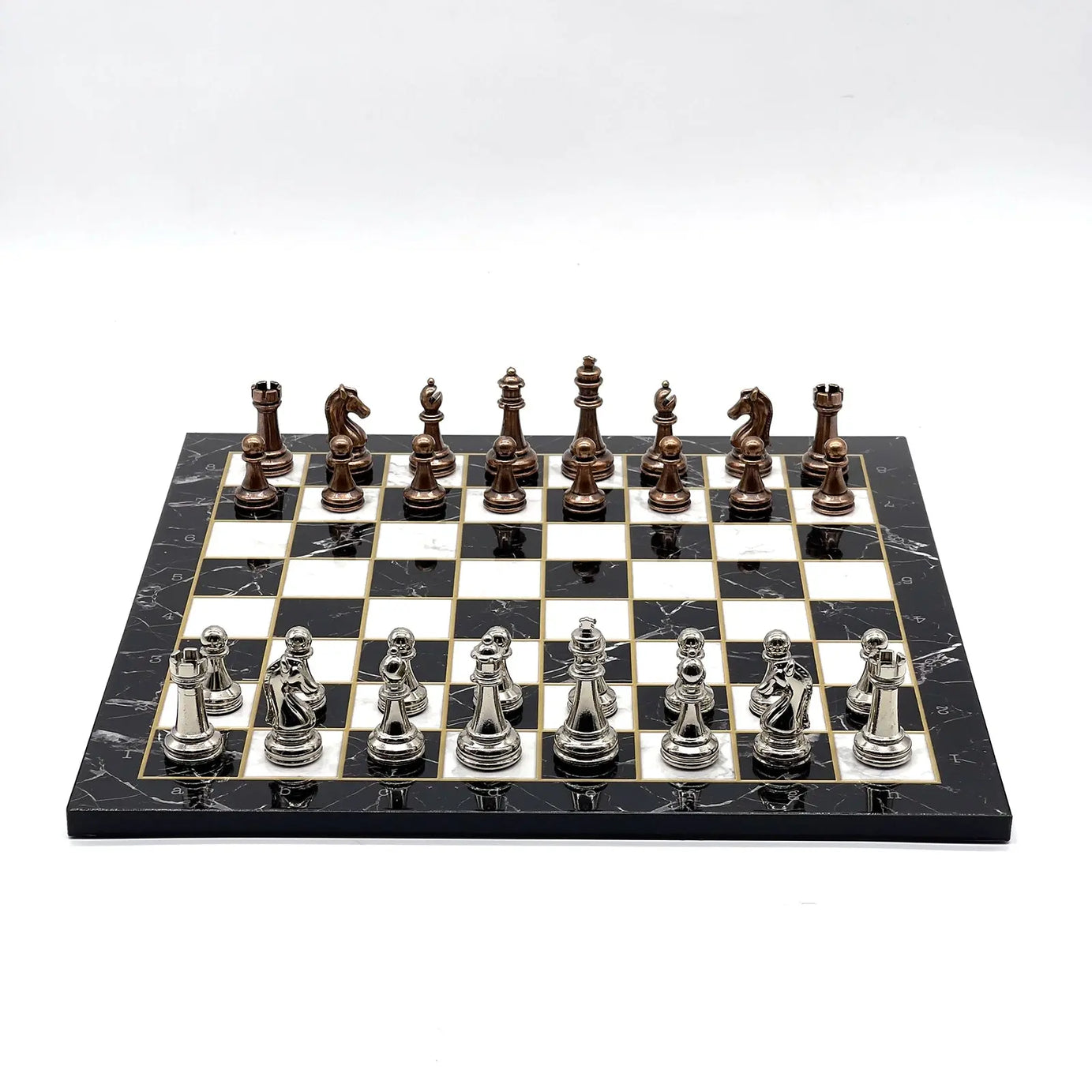 14" Black Marble Patterned Chess Set With Classic Metal Chess Pieces