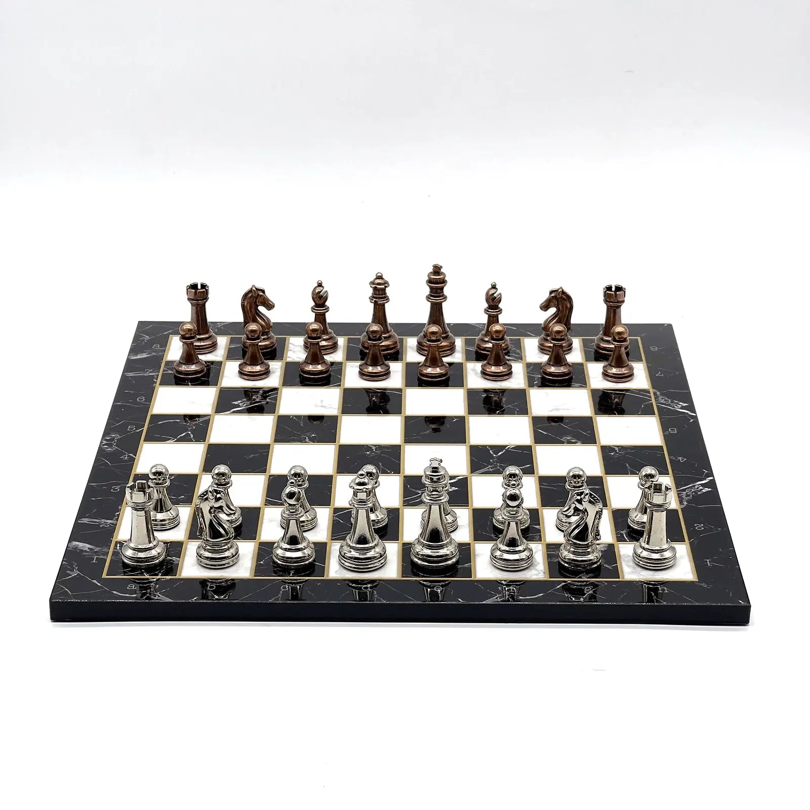 14" Black Marble Patterned Chess Set With Classic Metal Chess Pieces