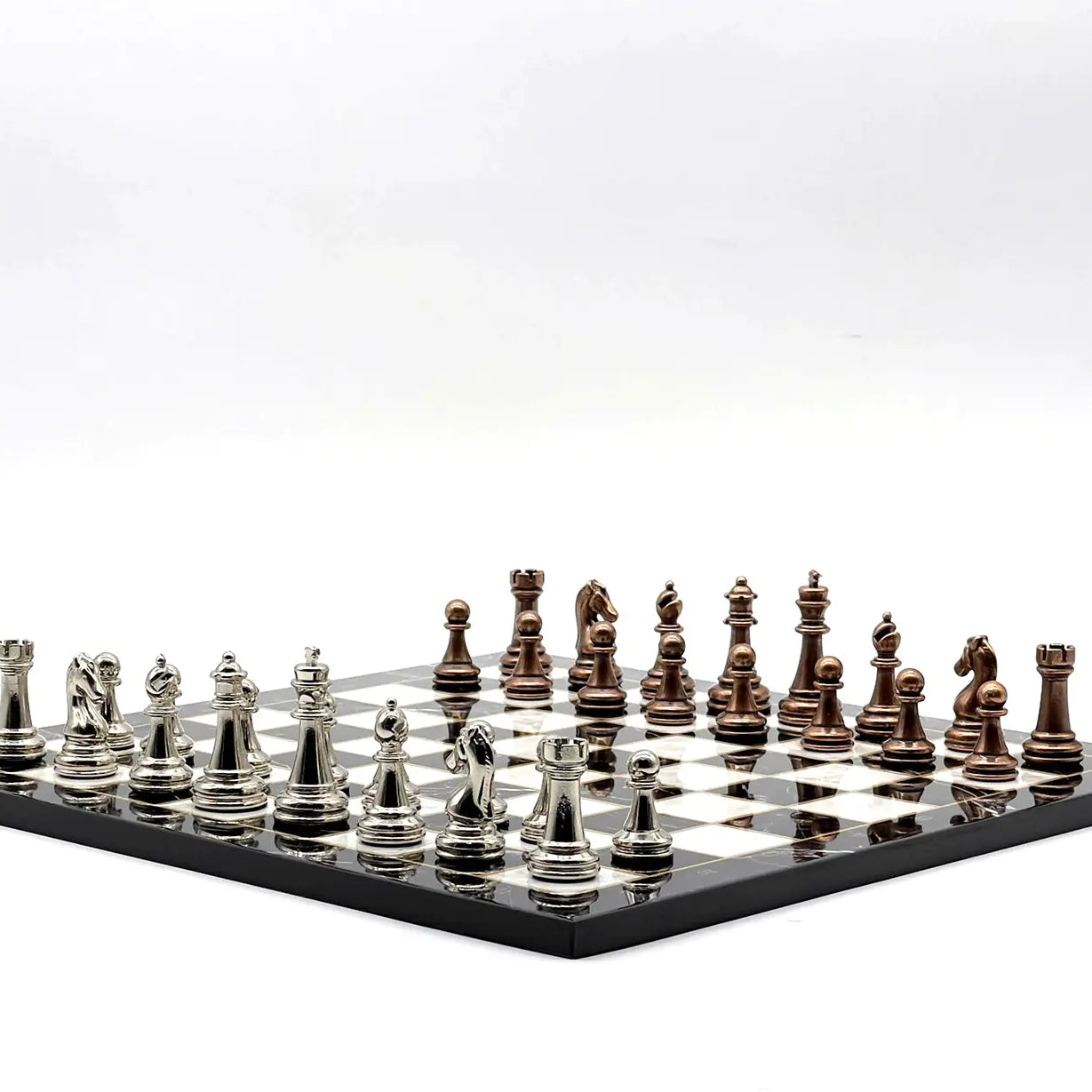 14" Black Marble Patterned Chess Set With Classic Metal Chess Pieces