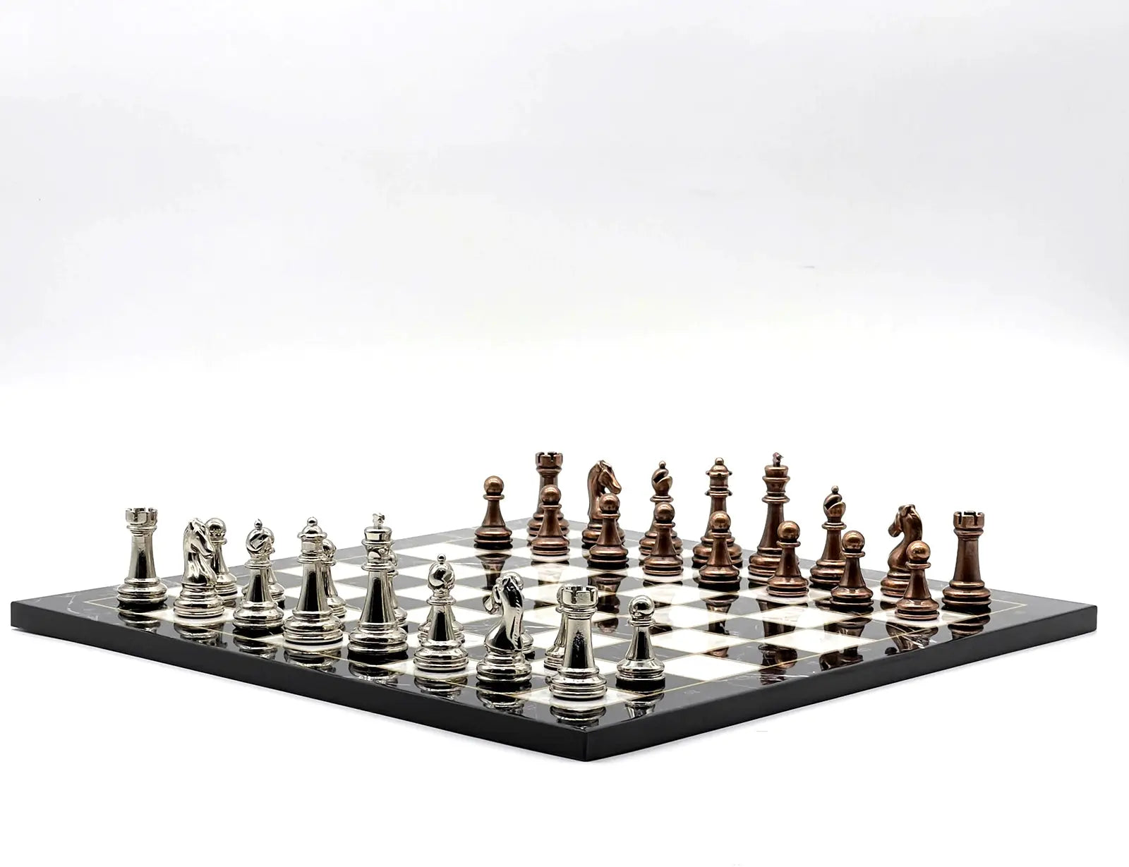 14" Black Marble Patterned Chess Set With Classic Metal Chess Pieces