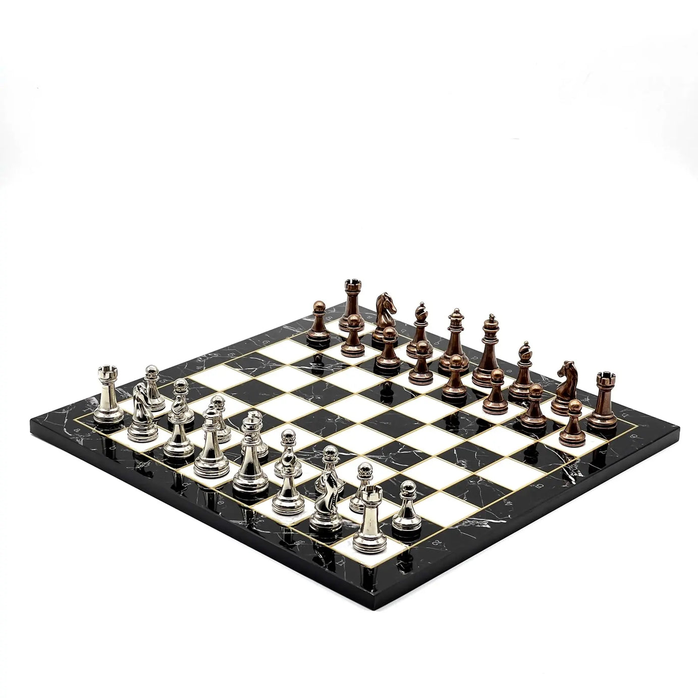 14" Black Marble Patterned Chess Set With Classic Metal Chess Pieces