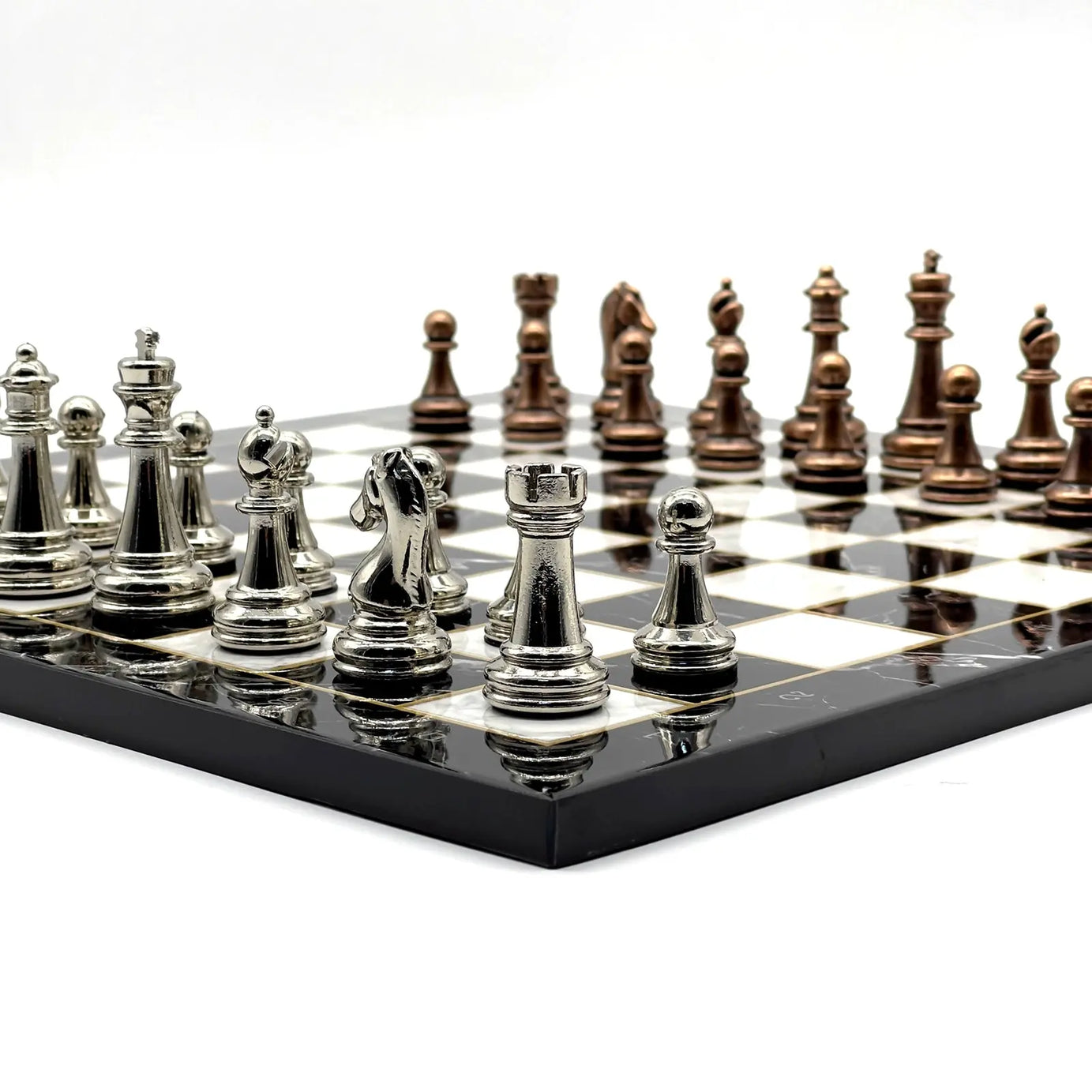 14" Black Marble Patterned Chess Set With Classic Metal Chess Pieces