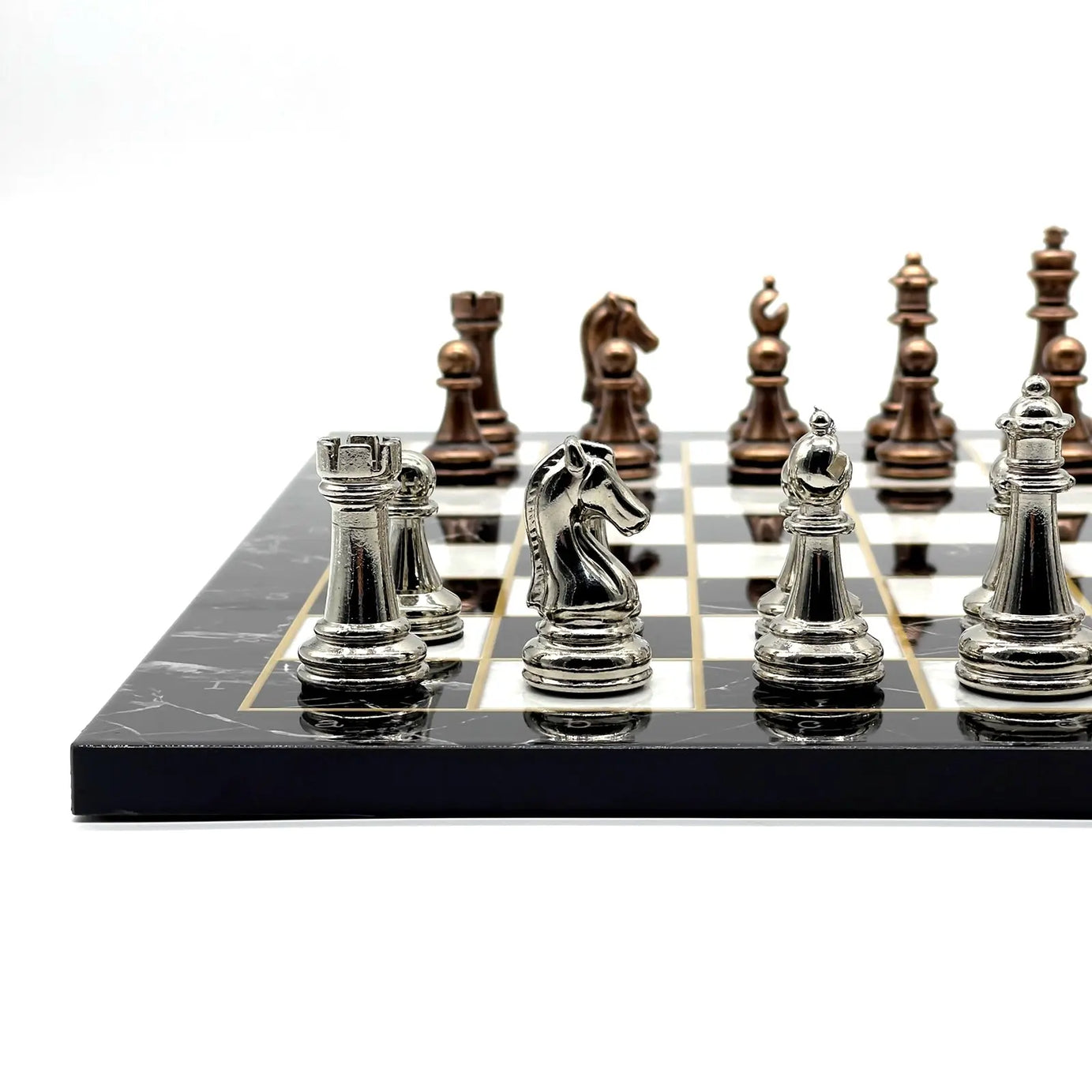14" Black Marble Patterned Chess Set With Classic Metal Chess Pieces