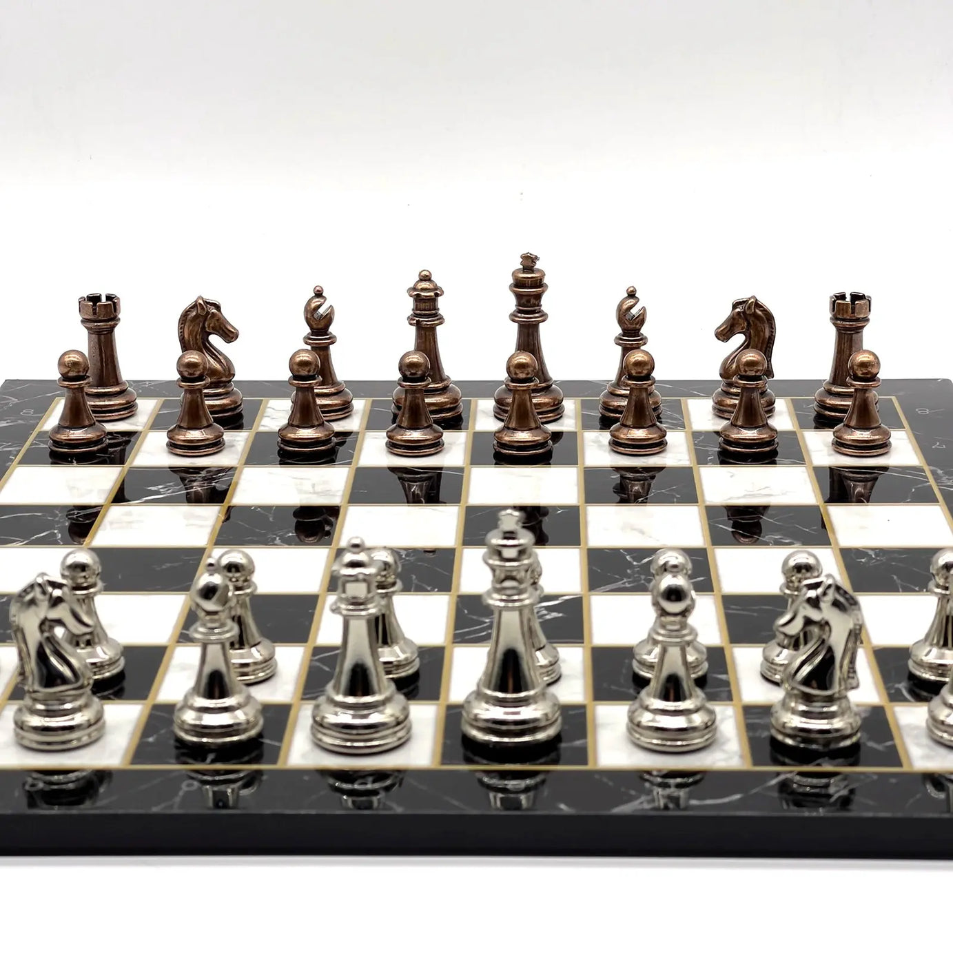 14" Black Marble Patterned Chess Set With Classic Metal Chess Pieces