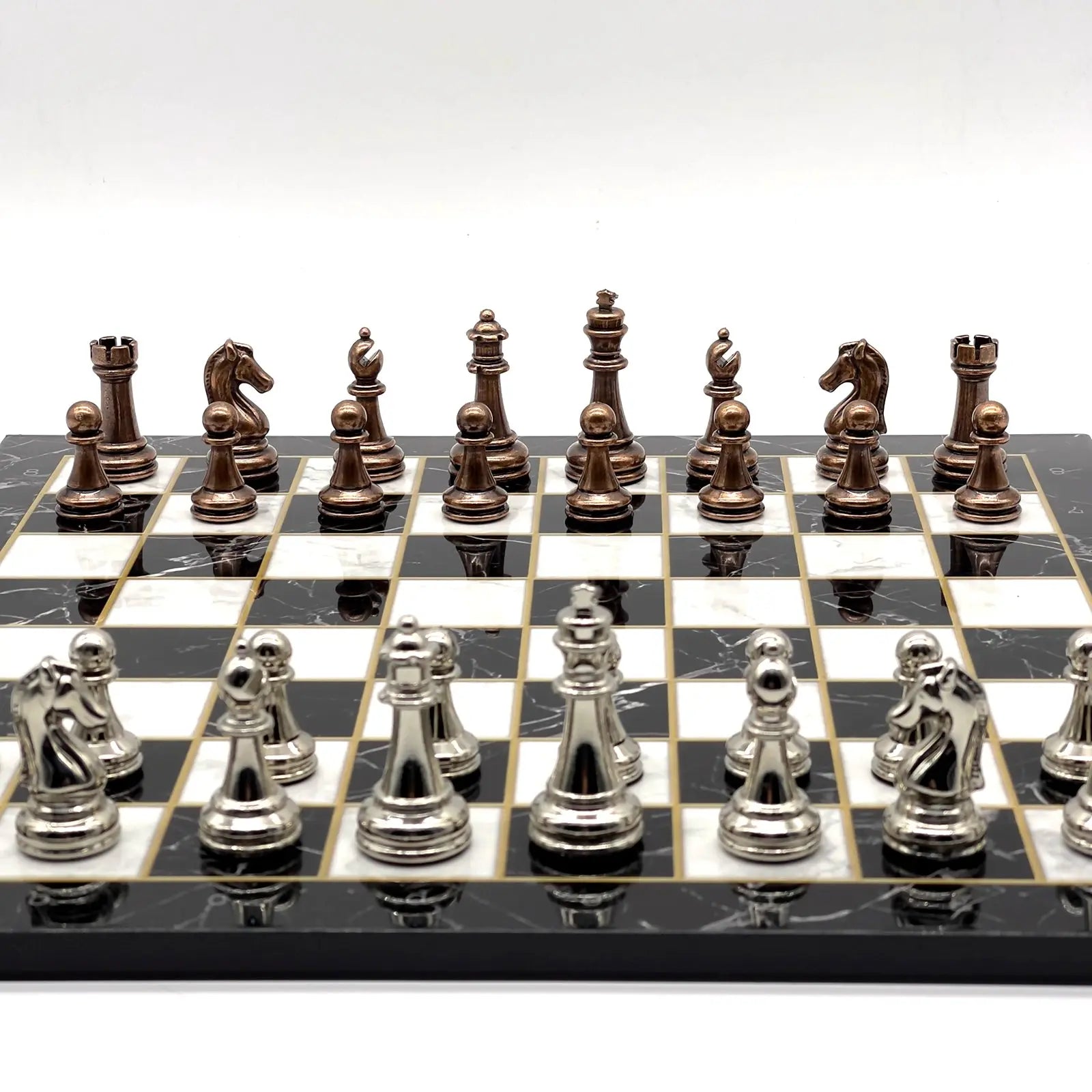 14" Black Marble Patterned Chess Set With Classic Metal Chess Pieces