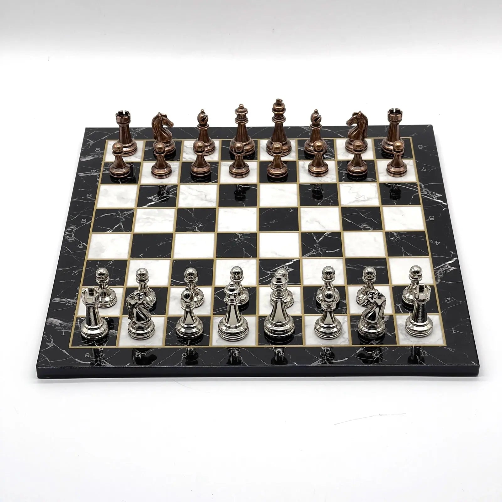 14" Black Marble Patterned Chess Set With Classic Metal Chess Pieces