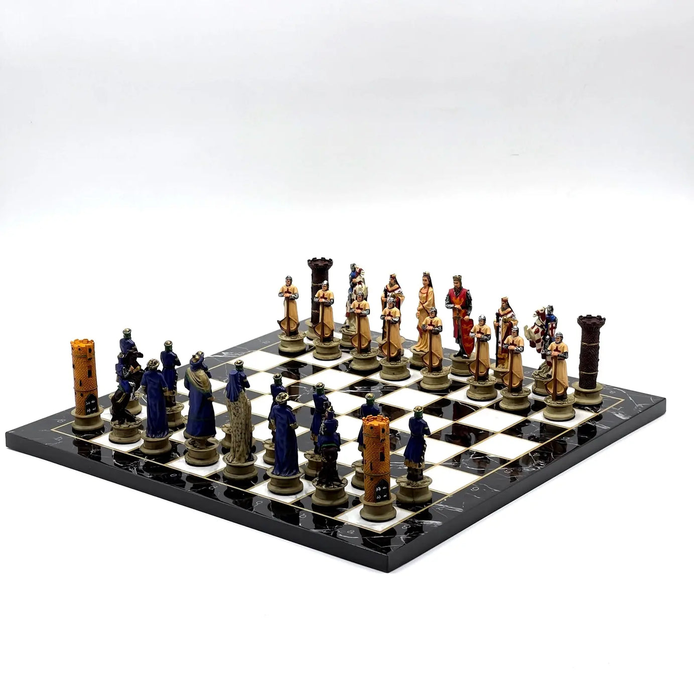 14" Black Marble Pattern Chess Set With Crusaders Polyester Chess Pieces