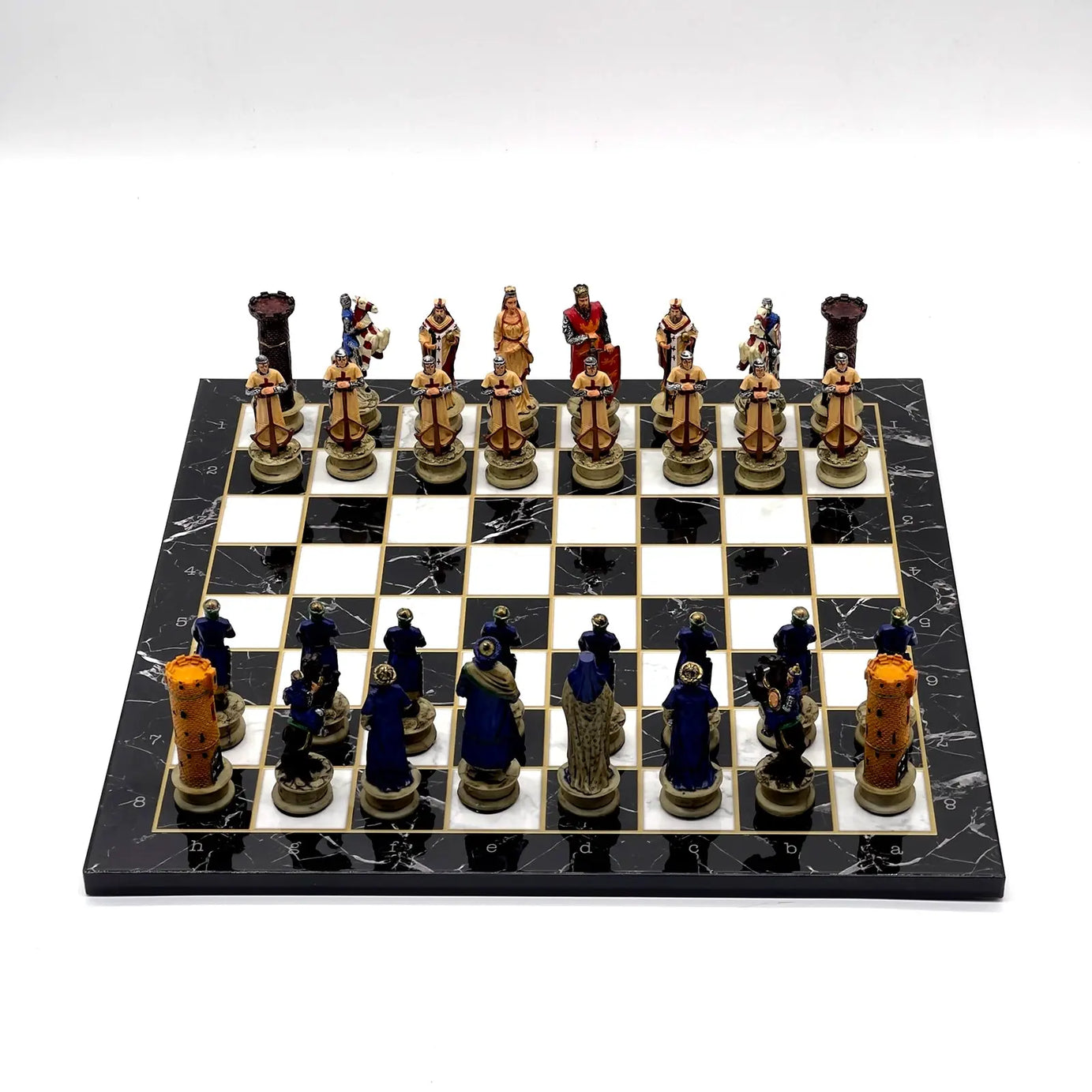 14" Black Marble Pattern Chess Set With Crusaders Polyester Chess Pieces