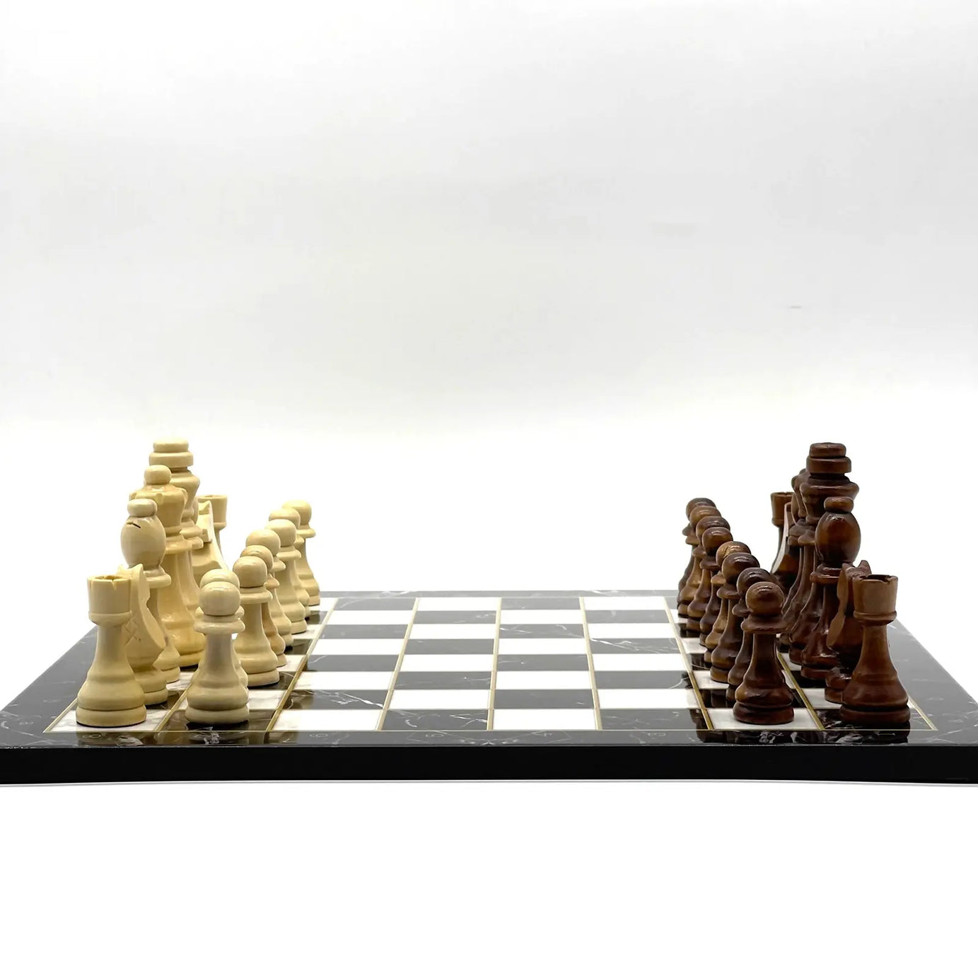 14" Black Marble Pattern Wooden Set With Wooden Chess Pieces