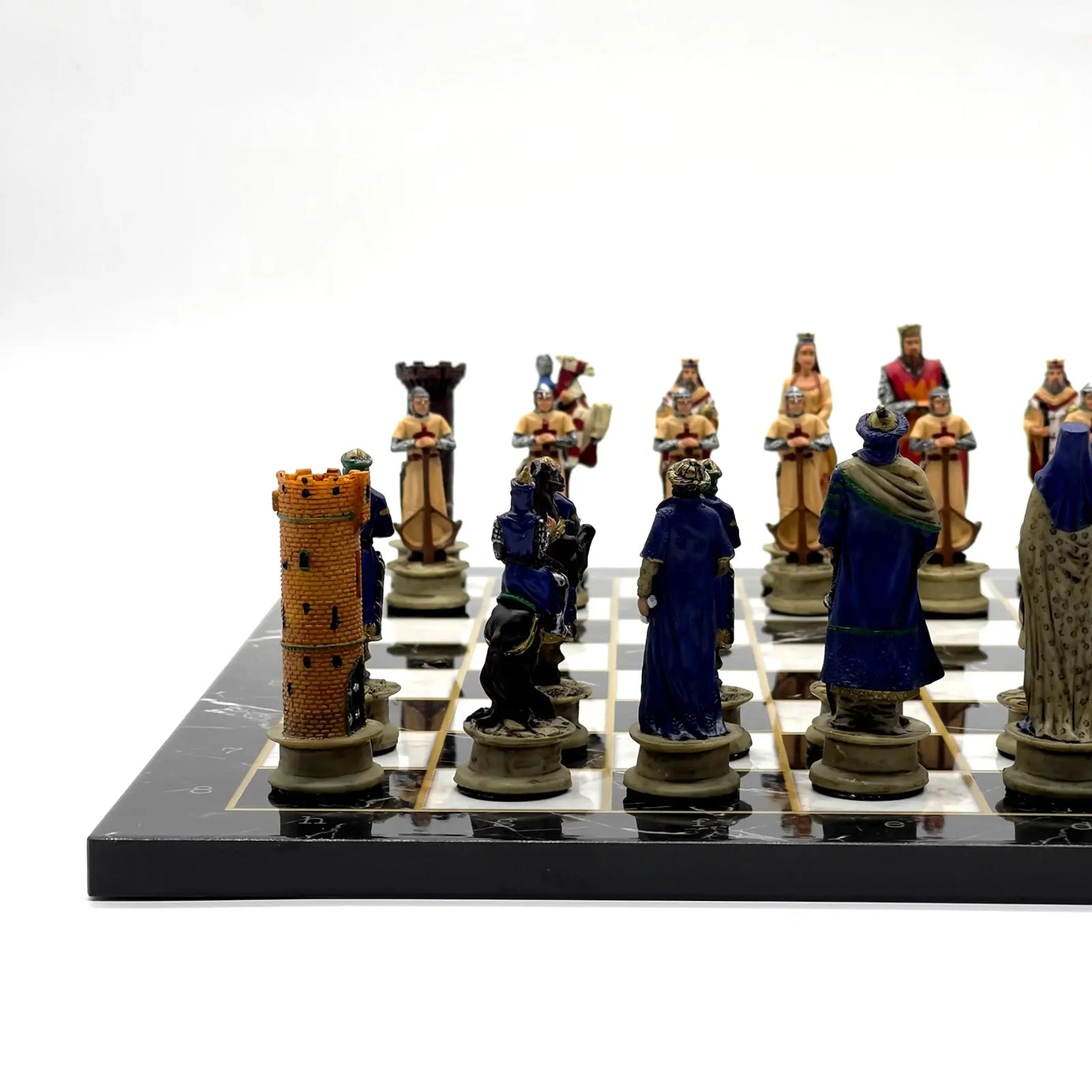 14" Black Marble Pattern Chess Set With Crusaders Polyester Chess Pieces