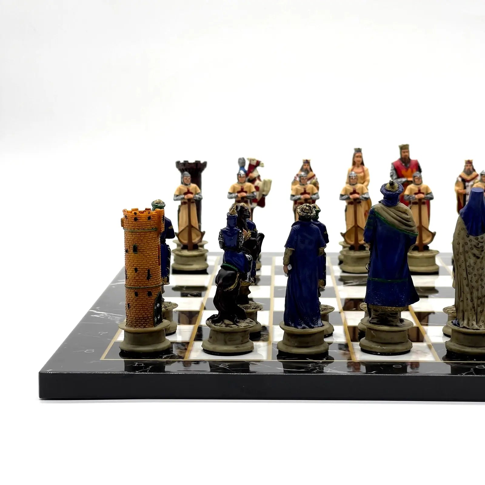 14" Black Marble Pattern Chess Set With Crusaders Polyester Chess Pieces