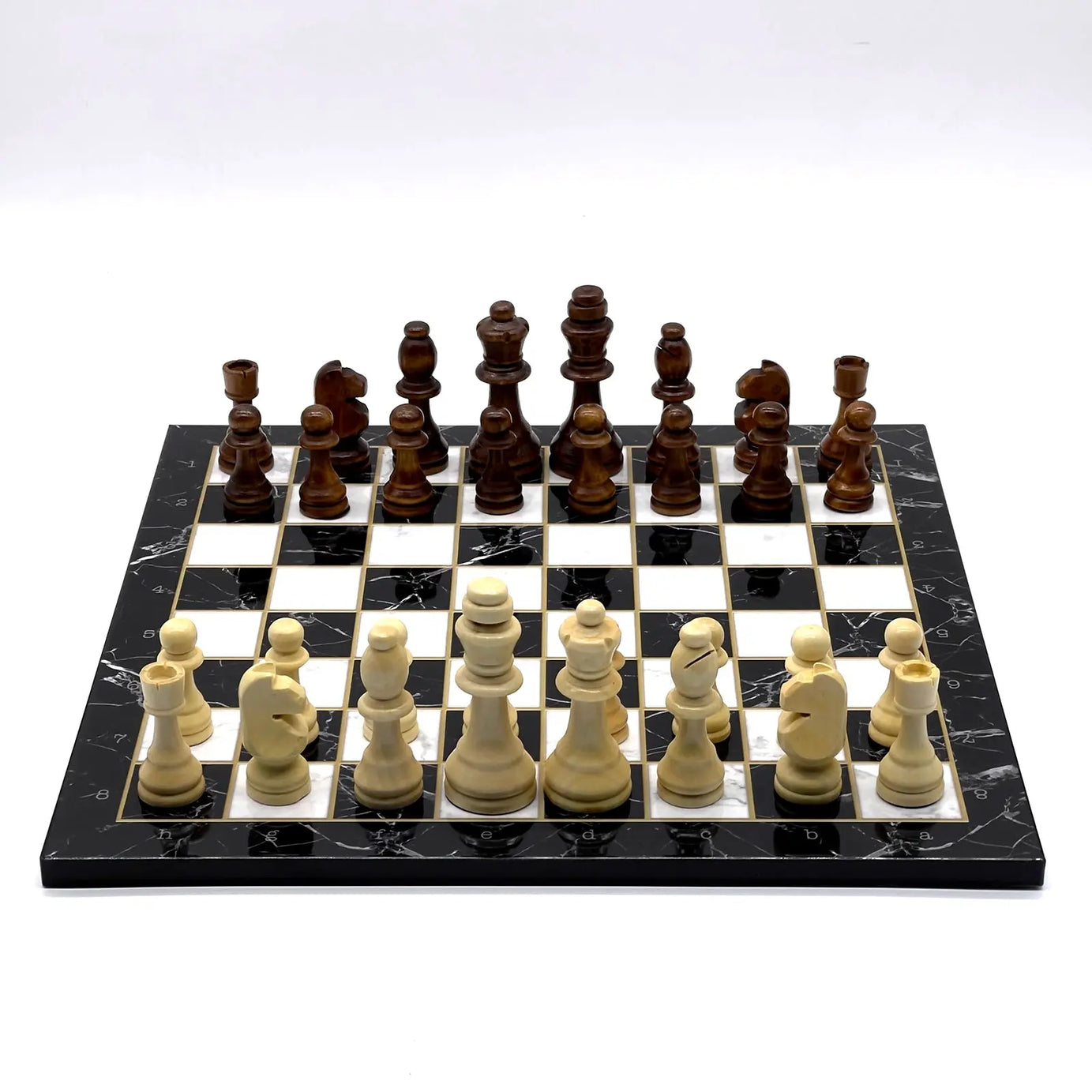 14" Black Marble Pattern Wooden Set With Wooden Chess Pieces