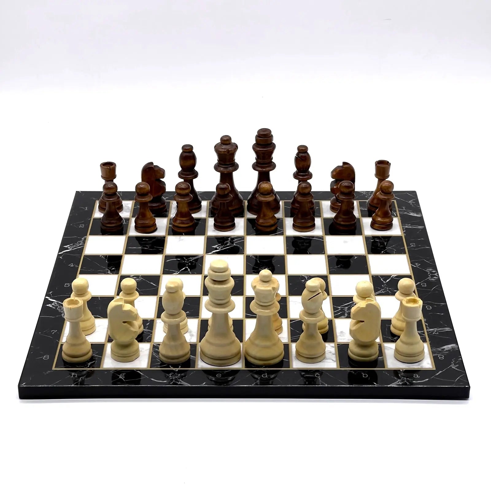 14" Black Marble Pattern Wooden Set With Wooden Chess Pieces
