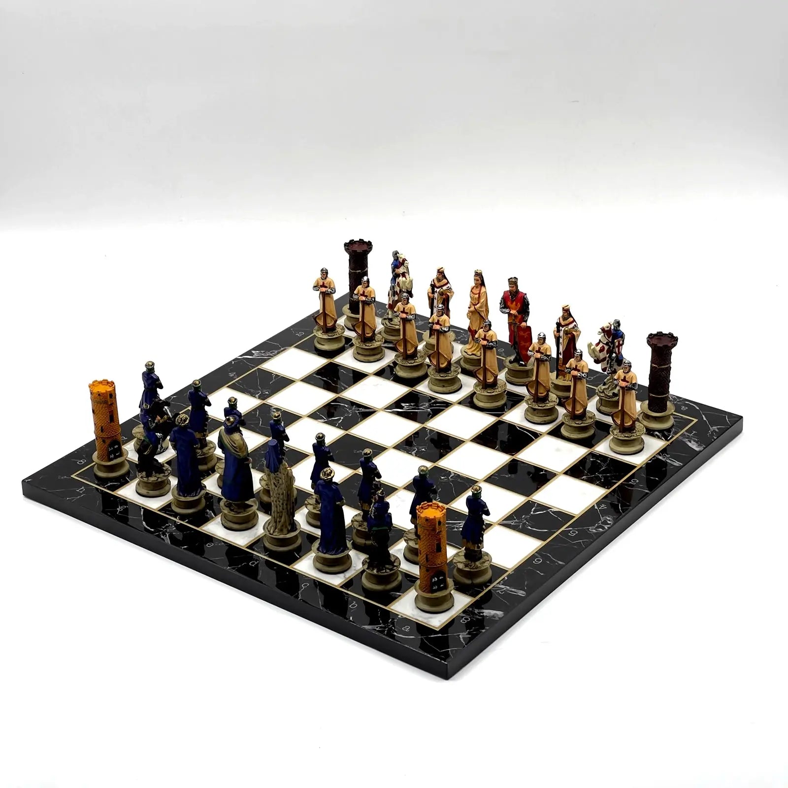 14" Black Marble Pattern Chess Set With Crusaders Polyester Chess Pieces