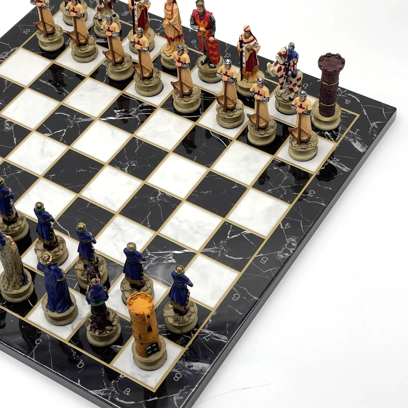 14" Black Marble Pattern Chess Set With Crusaders Polyester Chess Pieces