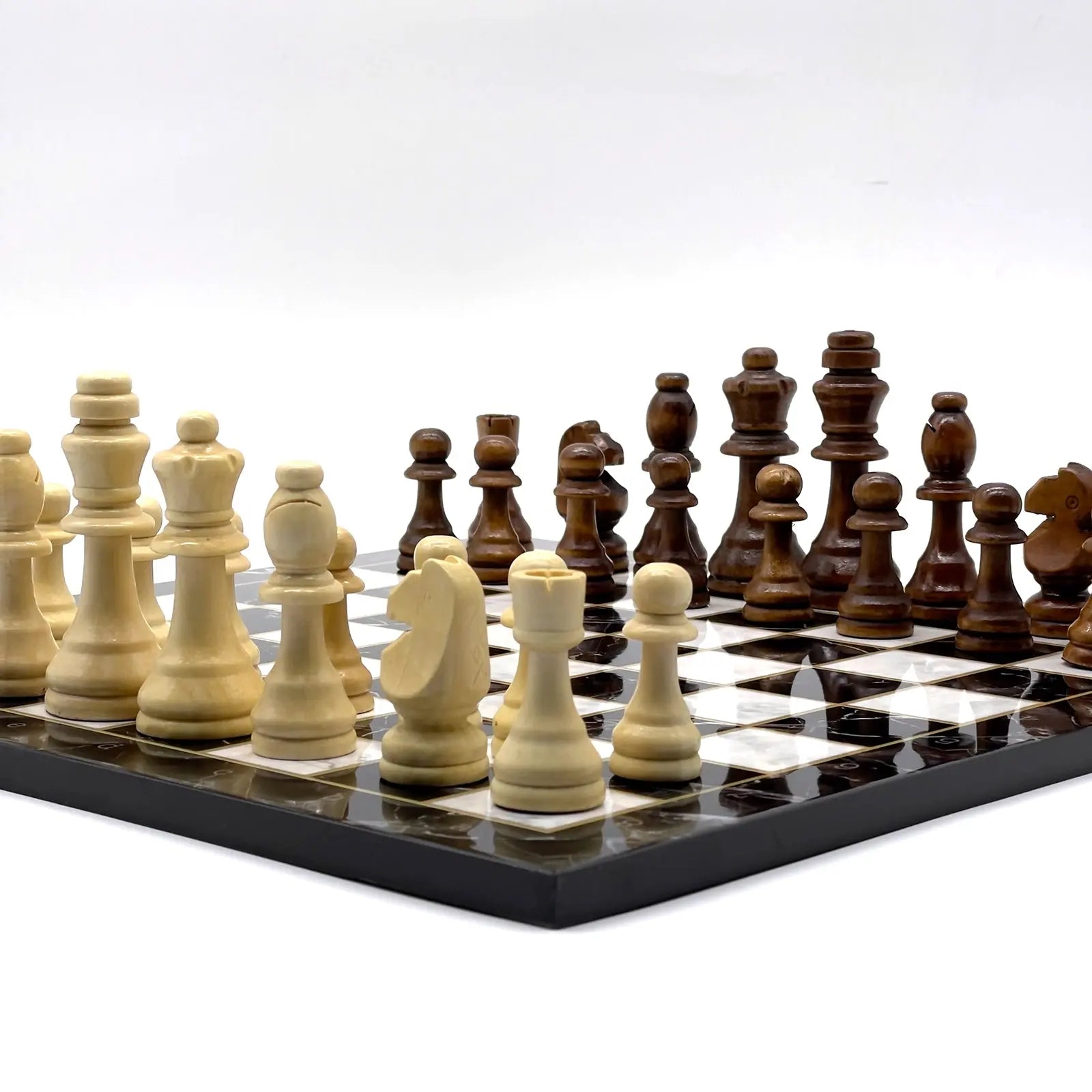 14" Black Marble Pattern Wooden Set With Wooden Chess Pieces