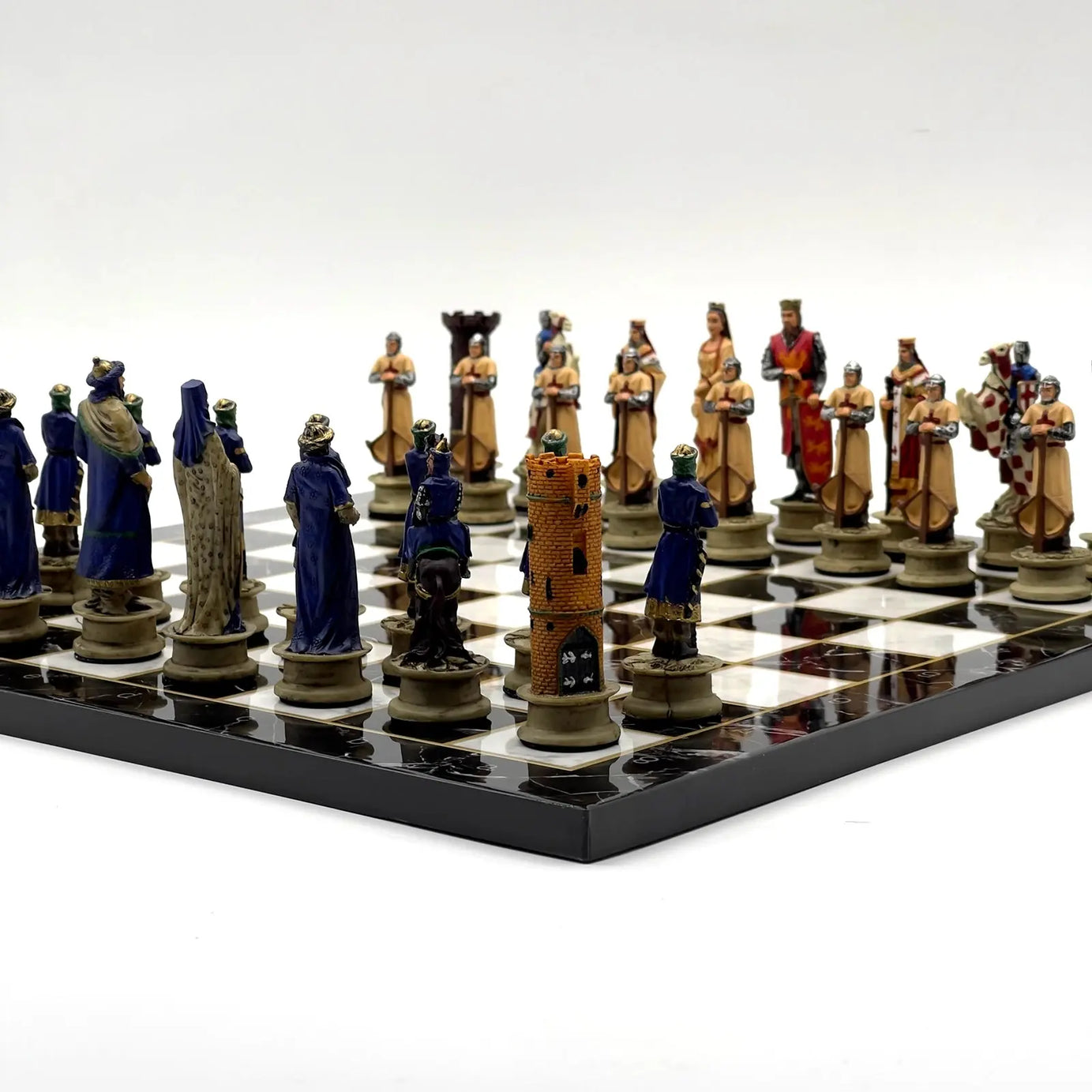 14" Black Marble Pattern Chess Set With Crusaders Polyester Chess Pieces