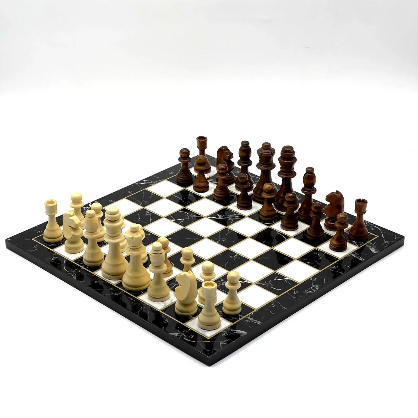 14" Black Marble Pattern Wooden Set With Wooden Chess Pieces