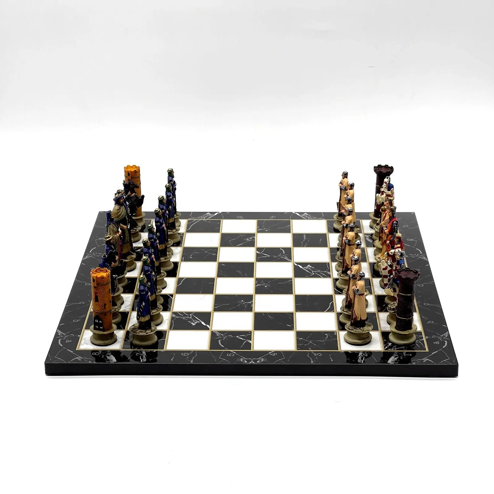 14" Black Marble Pattern Chess Set With Crusaders Polyester Chess Pieces
