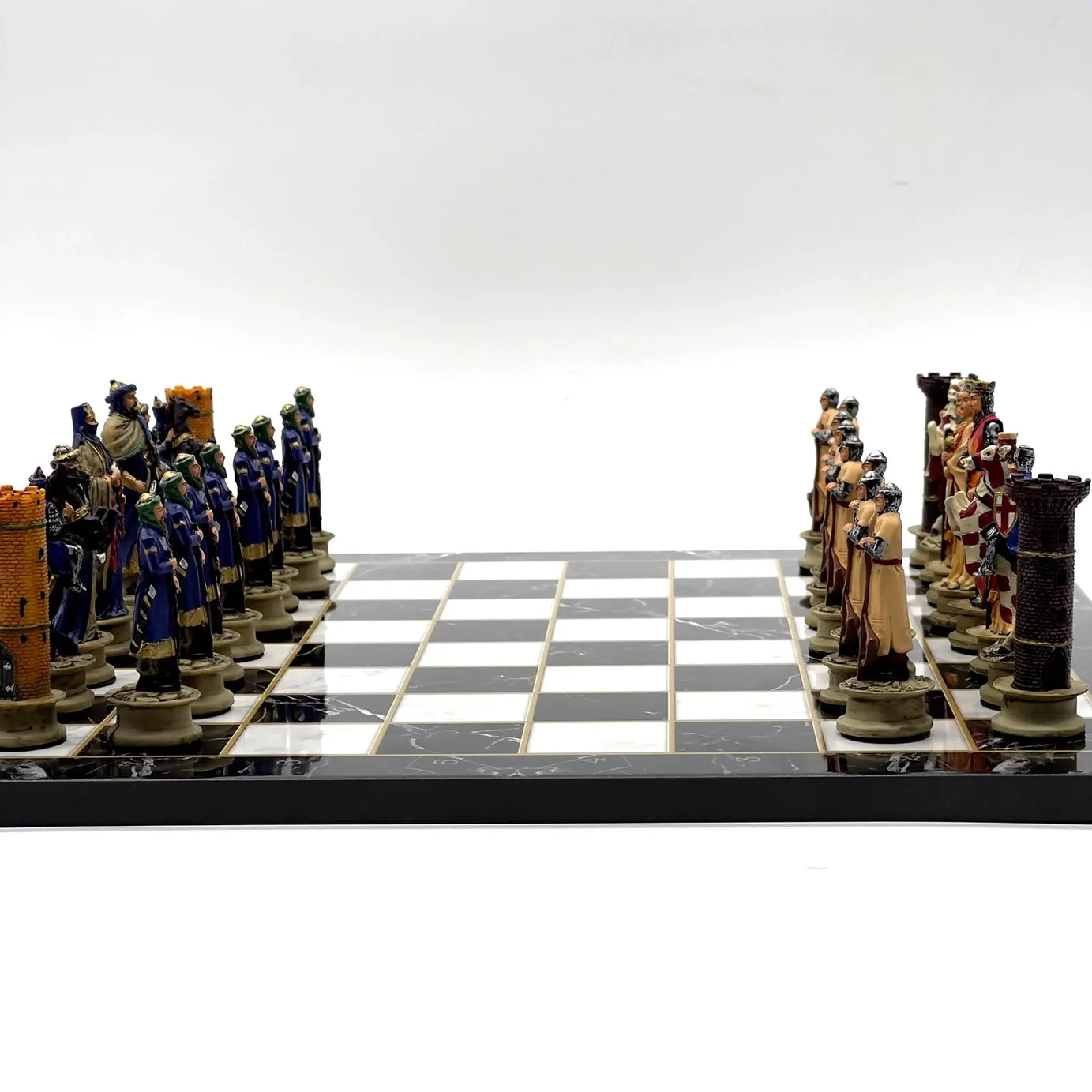 14" Black Marble Pattern Chess Set With Crusaders Polyester Chess Pieces