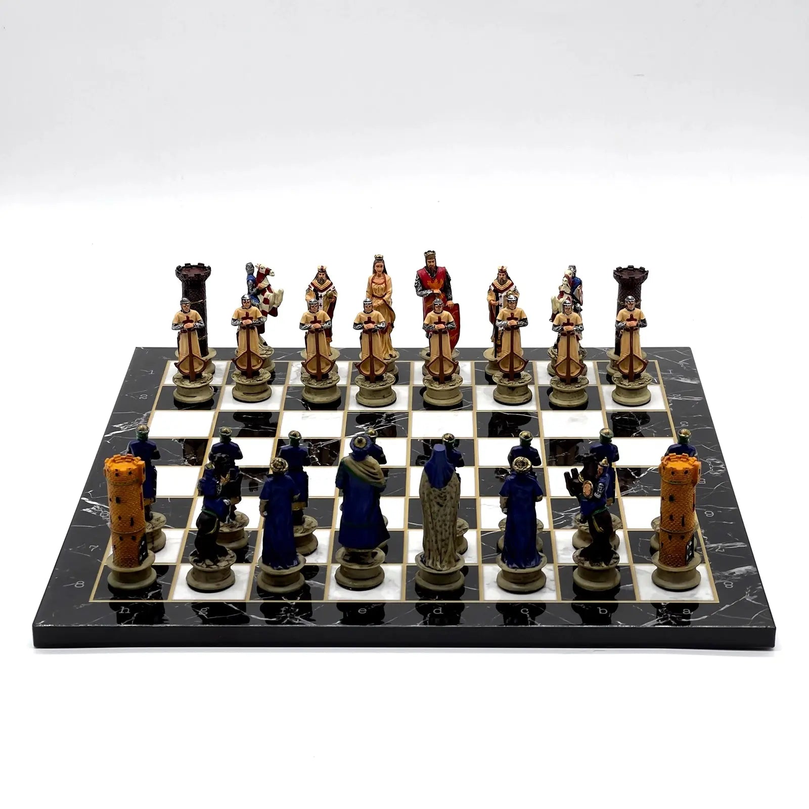 14" Black Marble Pattern Chess Set With Crusaders Polyester Chess Pieces