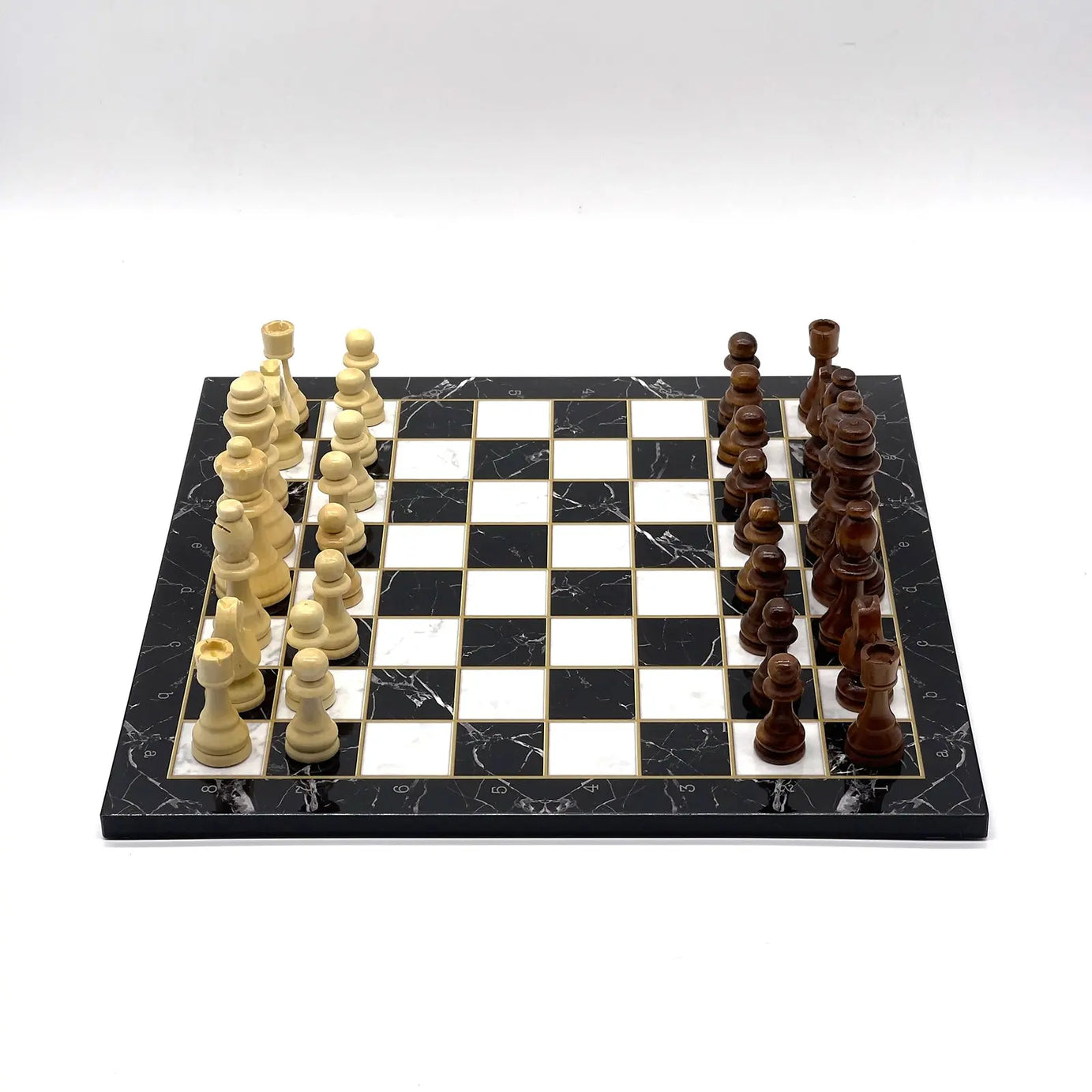 14" Black Marble Pattern Wooden Set With Wooden Chess Pieces