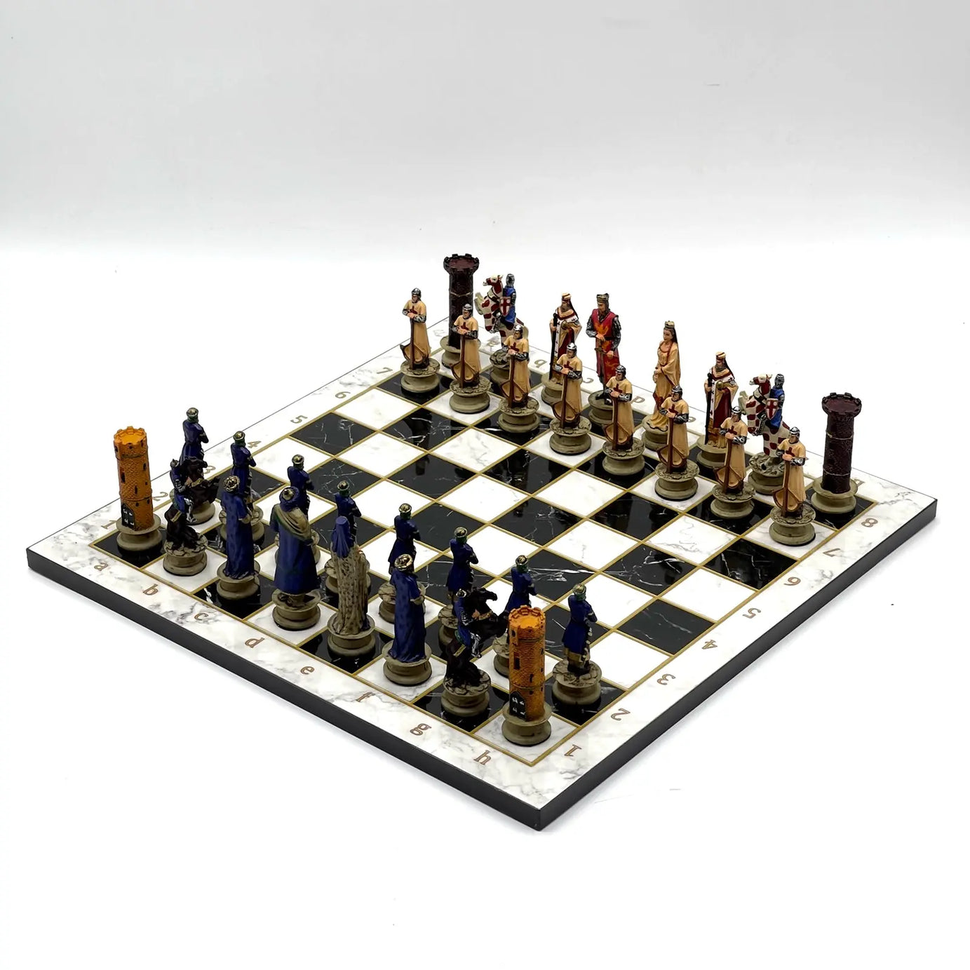 14" Black Marble Pattern Chess Set With Crusaders Polyester Chess Pieces