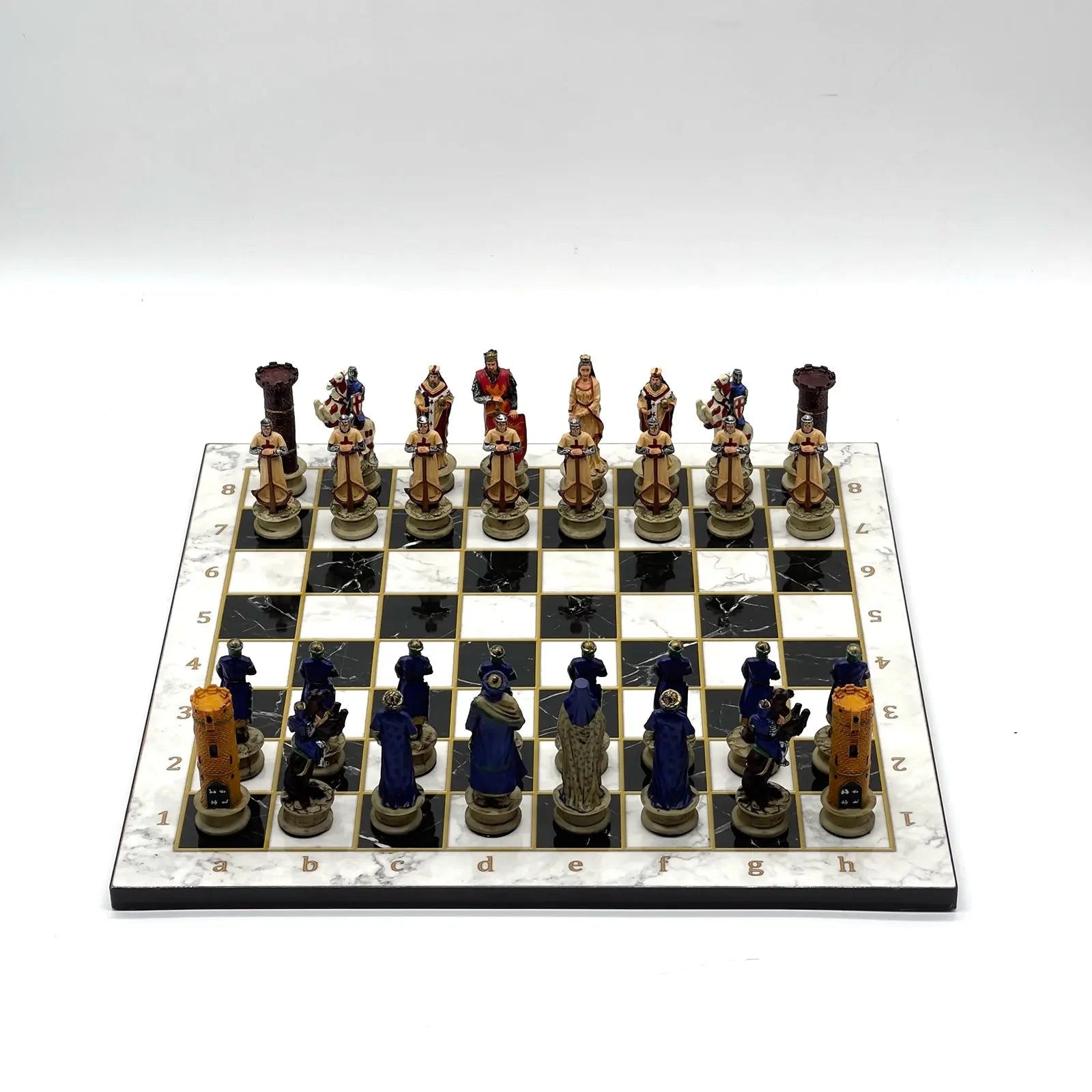 14" Black Marble Pattern Chess Set With Crusaders Polyester Chess Pieces