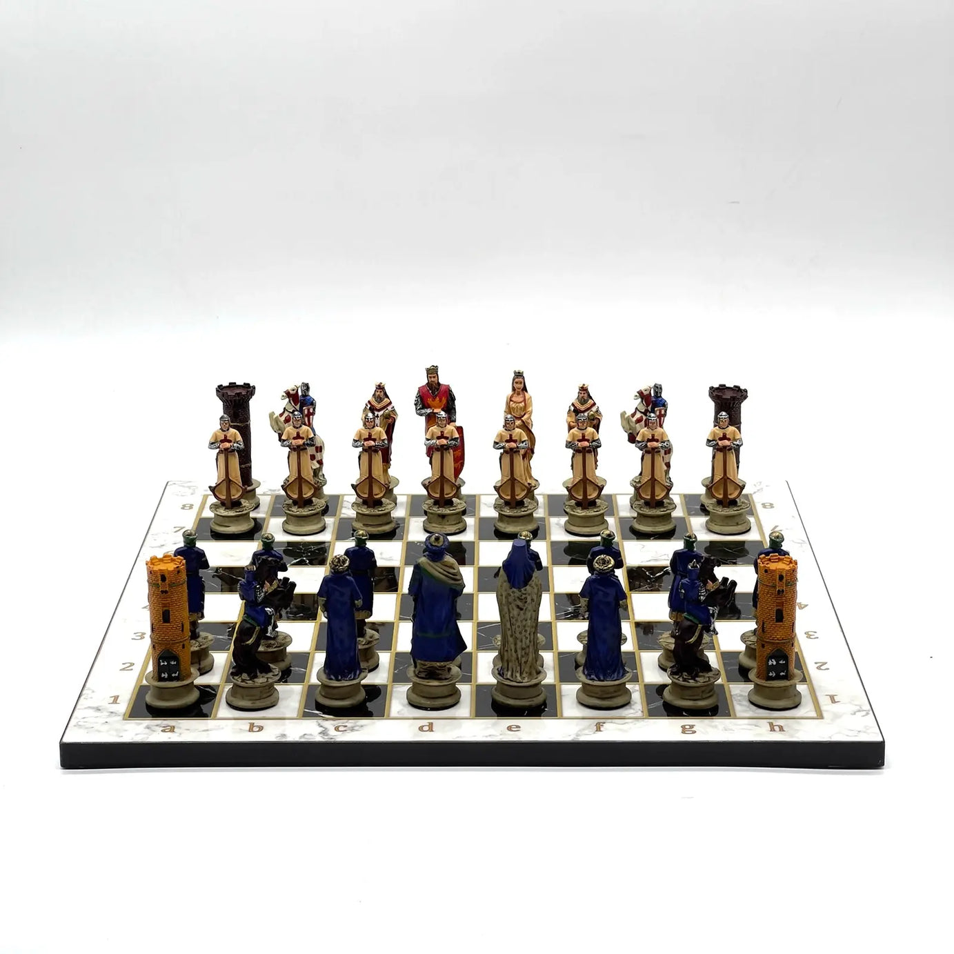 14" Black Marble Pattern Chess Set With Crusaders Polyester Chess Pieces
