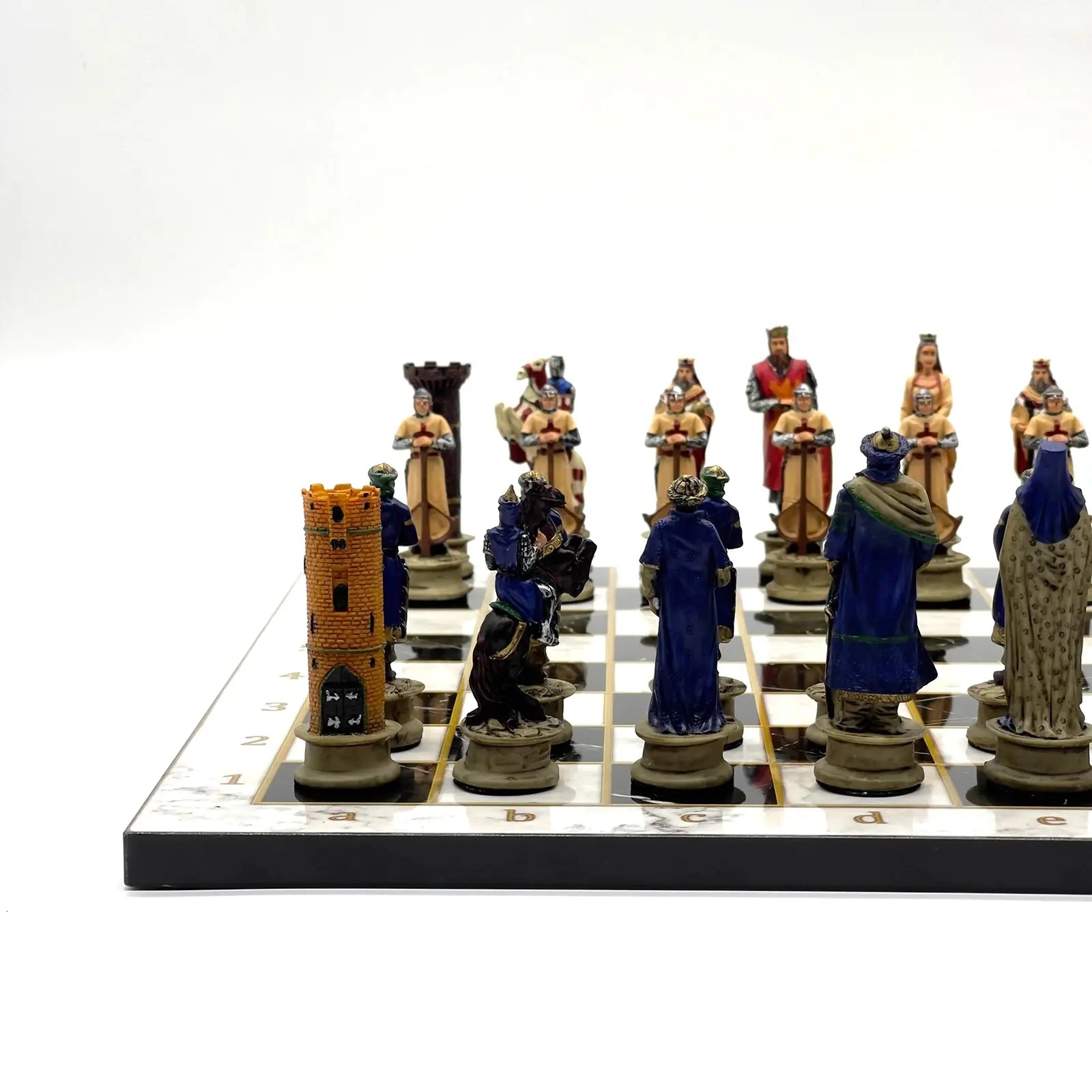14" Black Marble Pattern Chess Set With Crusaders Polyester Chess Pieces