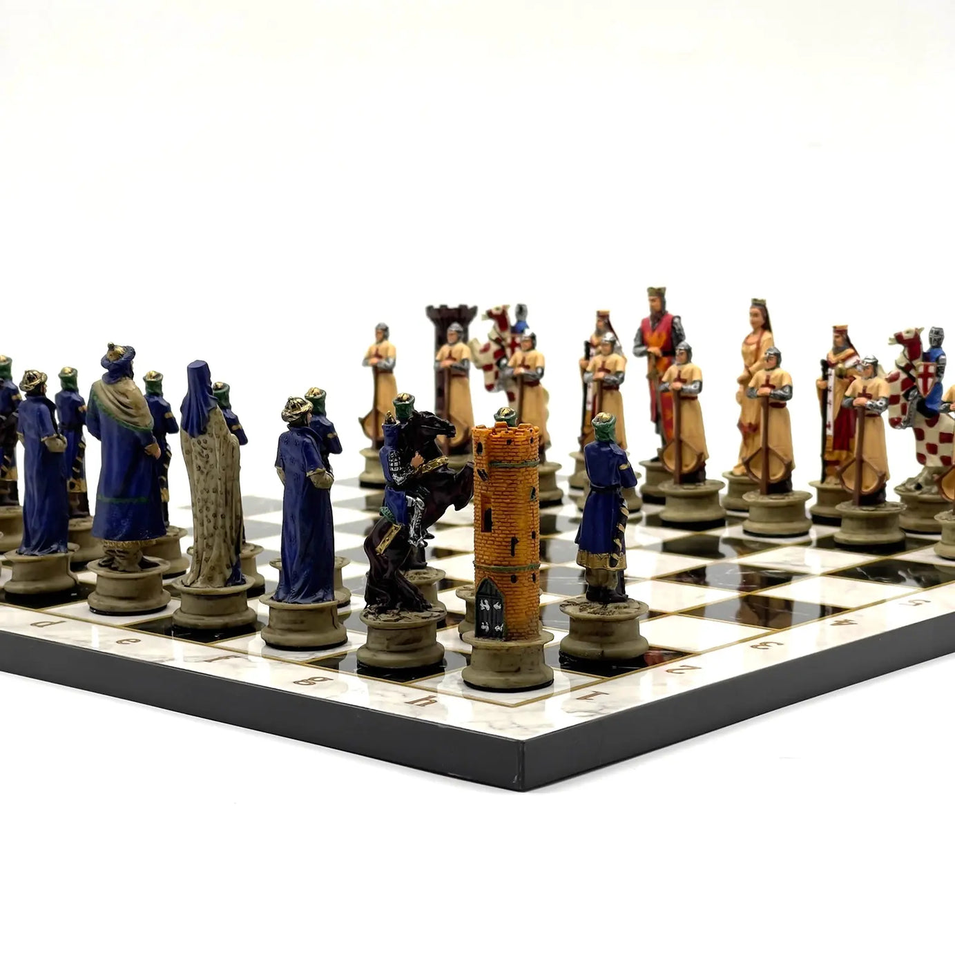 14" Black Marble Pattern Chess Set With Crusaders Polyester Chess Pieces