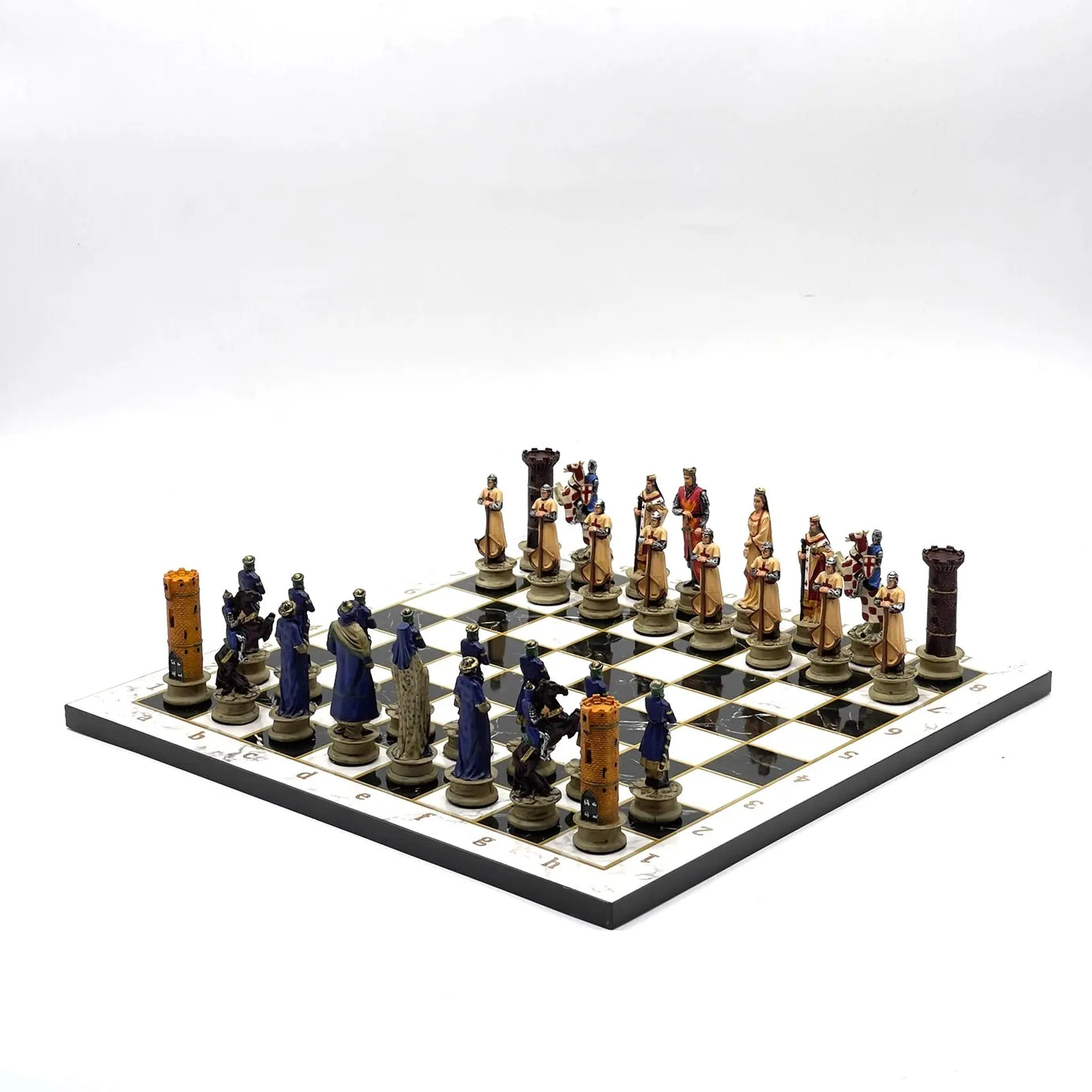 14" Black Marble Pattern Chess Set With Crusaders Polyester Chess Pieces