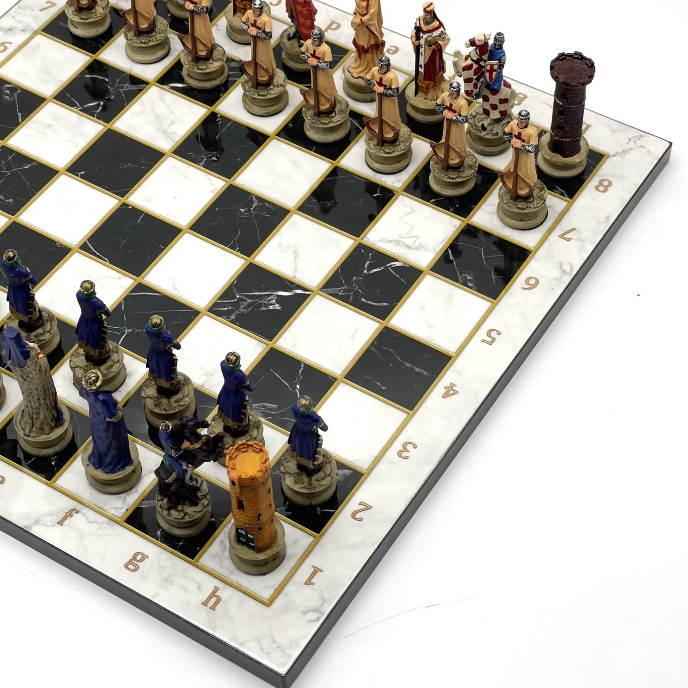 14" Black Marble Pattern Chess Set With Crusaders Polyester Chess Pieces
