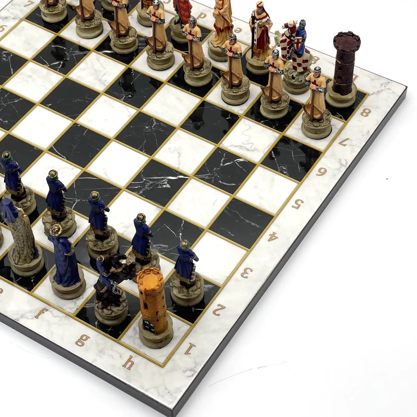 14" Black Marble Pattern Chess Set With Crusaders Polyester Chess Pieces