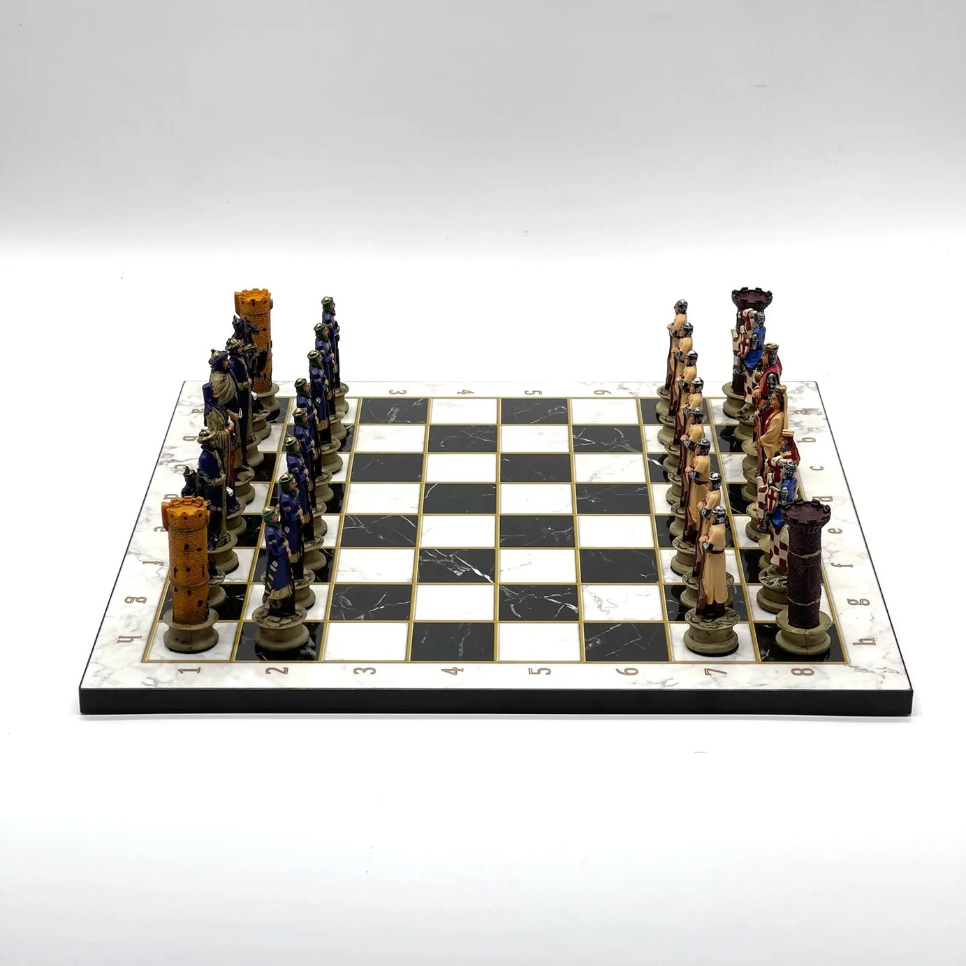 14" Black Marble Pattern Chess Set With Crusaders Polyester Chess Pieces