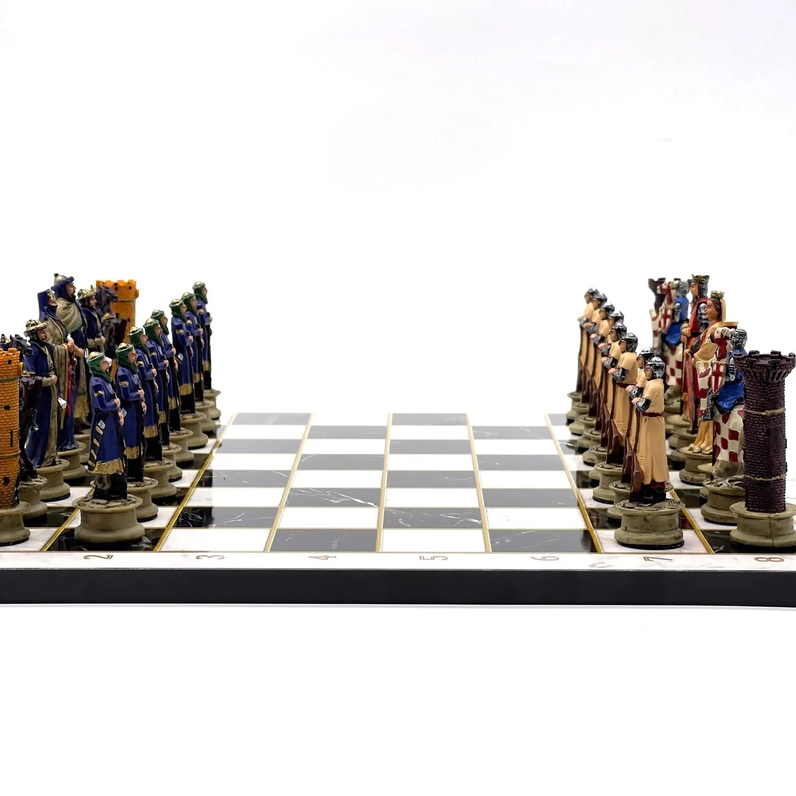 14" Black Marble Pattern Chess Set With Crusaders Polyester Chess Pieces