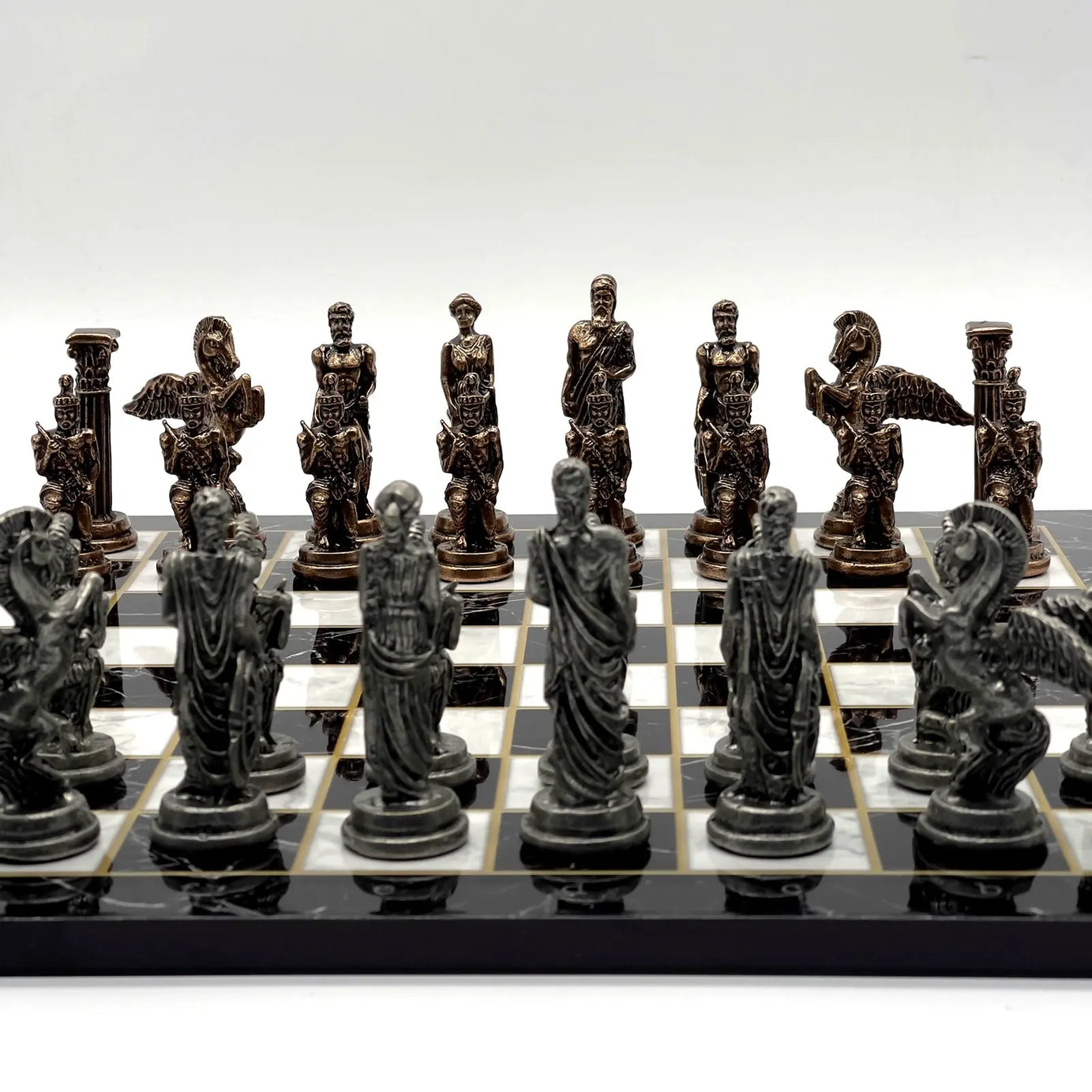 14" Black Marble Pattern Chess Set With Pegasus Metal Chess Pieces