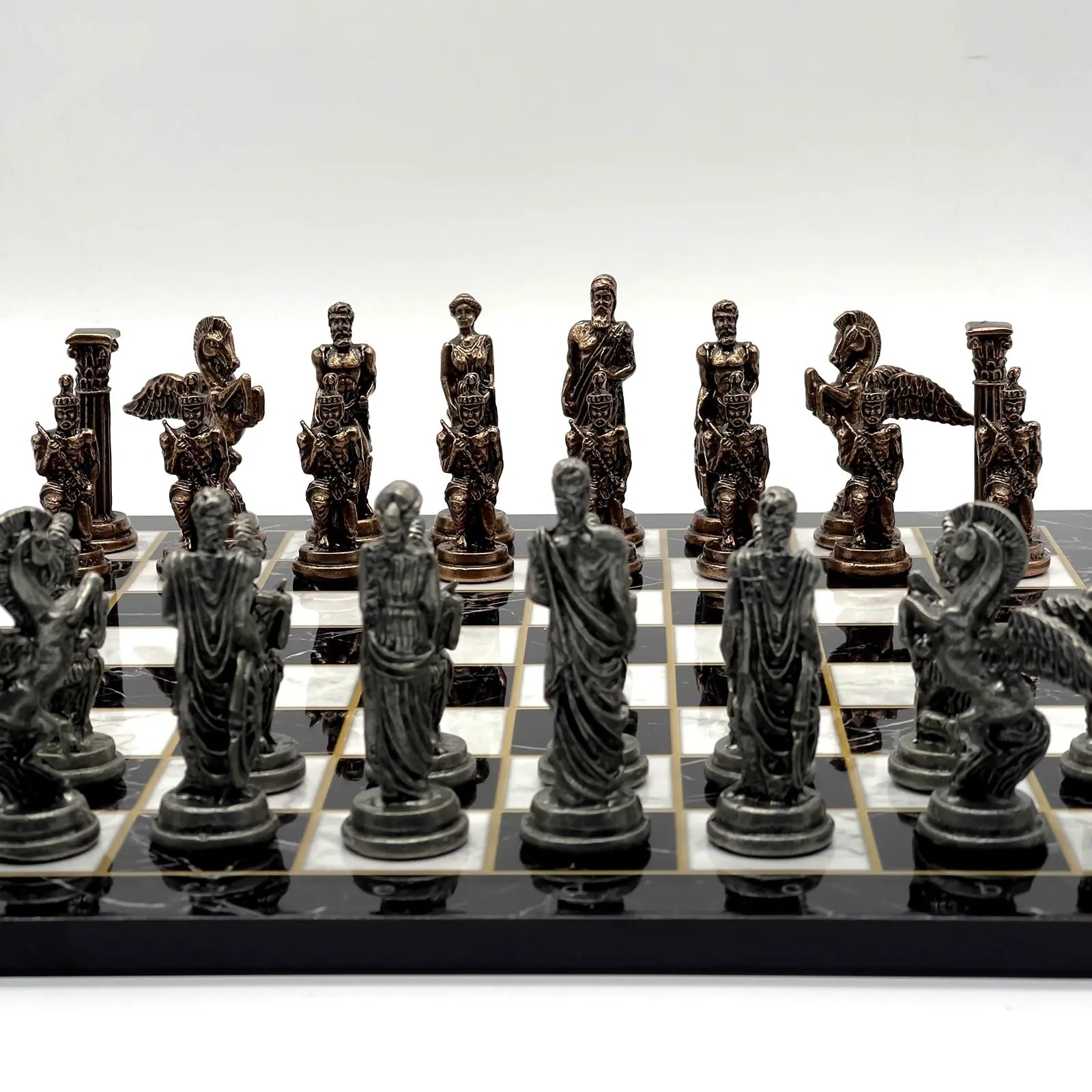 14" Black Marble Pattern Chess Set With Pegasus Metal Chess Pieces